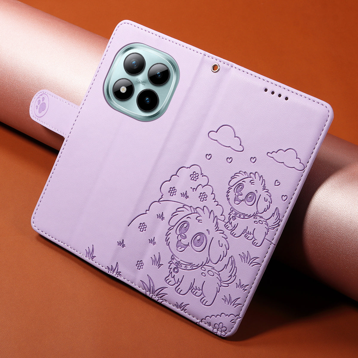 For Xiaomi Poco M8 Pro 5G / Redmi Note 15 Pro+ 5G (Global) Case RFID Blocking Imprinted Dog Pattern PU Leather Phone Cover with Wrist Strap - Purple