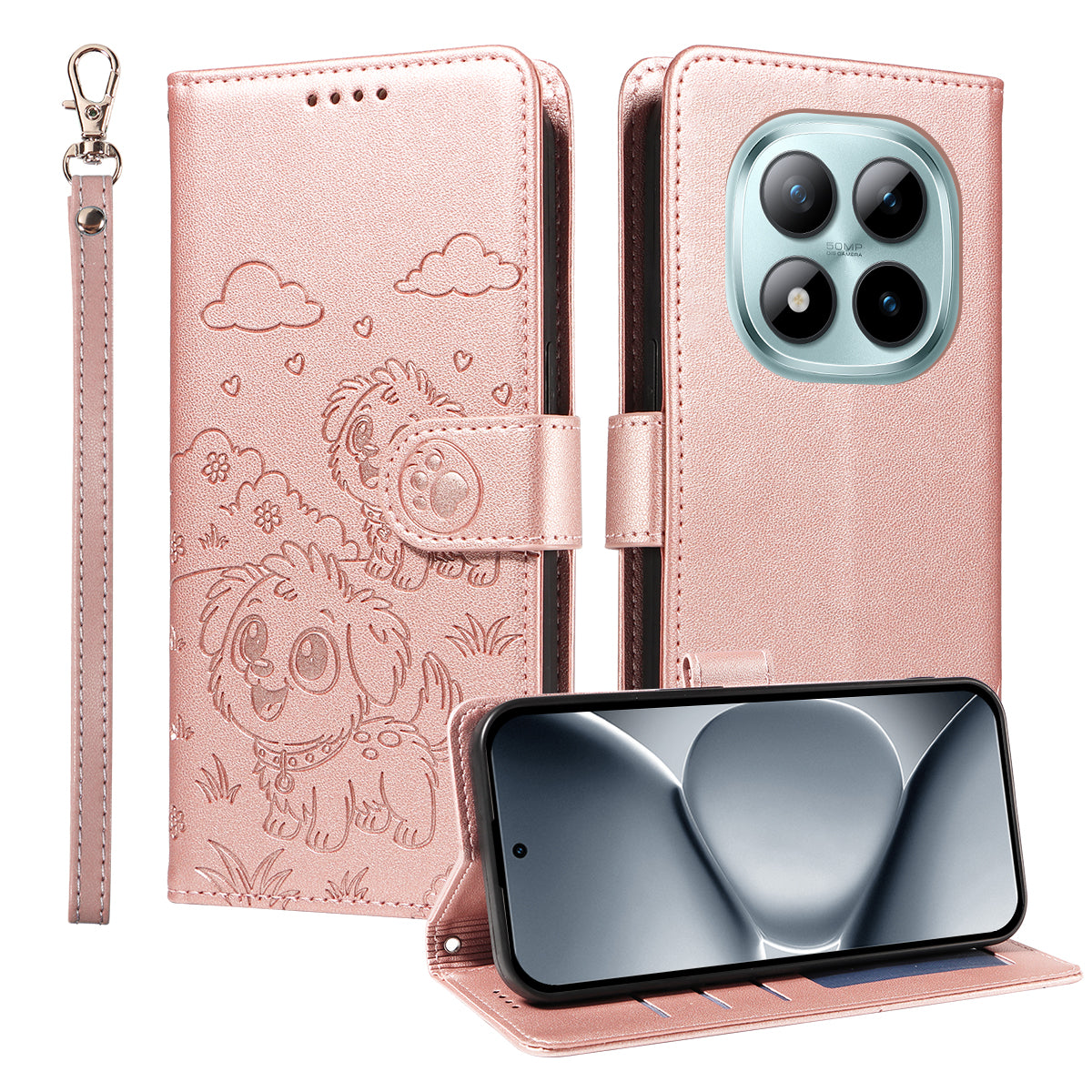 For Xiaomi Poco M8 Pro 5G / Redmi Note 15 Pro+ 5G (Global) Case RFID Blocking Imprinted Dog Pattern PU Leather Phone Cover with Wrist Strap - Pink