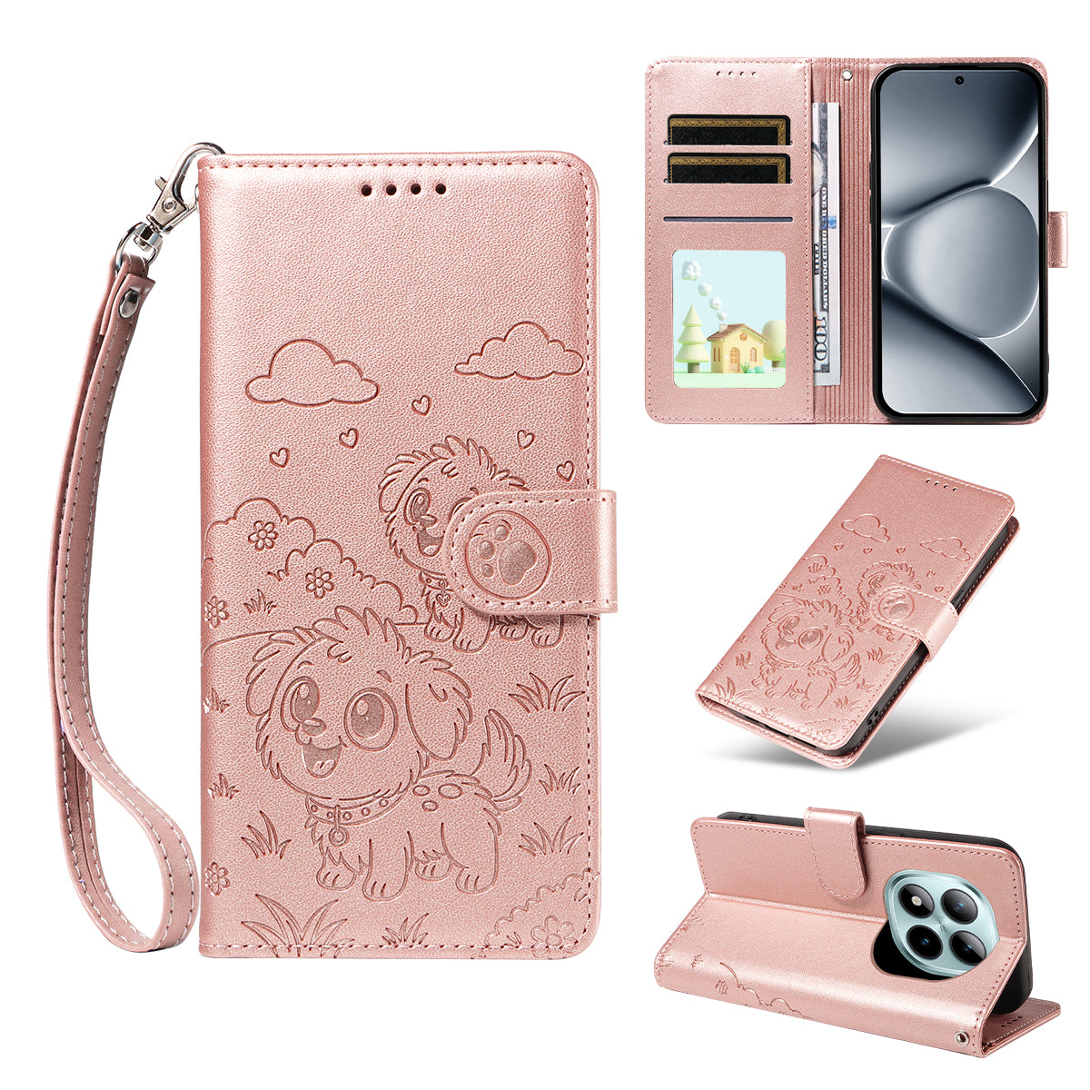 For Xiaomi Poco M8 Pro 5G / Redmi Note 15 Pro+ 5G (Global) Case RFID Blocking Imprinted Dog Pattern PU Leather Phone Cover with Wrist Strap - Pink
