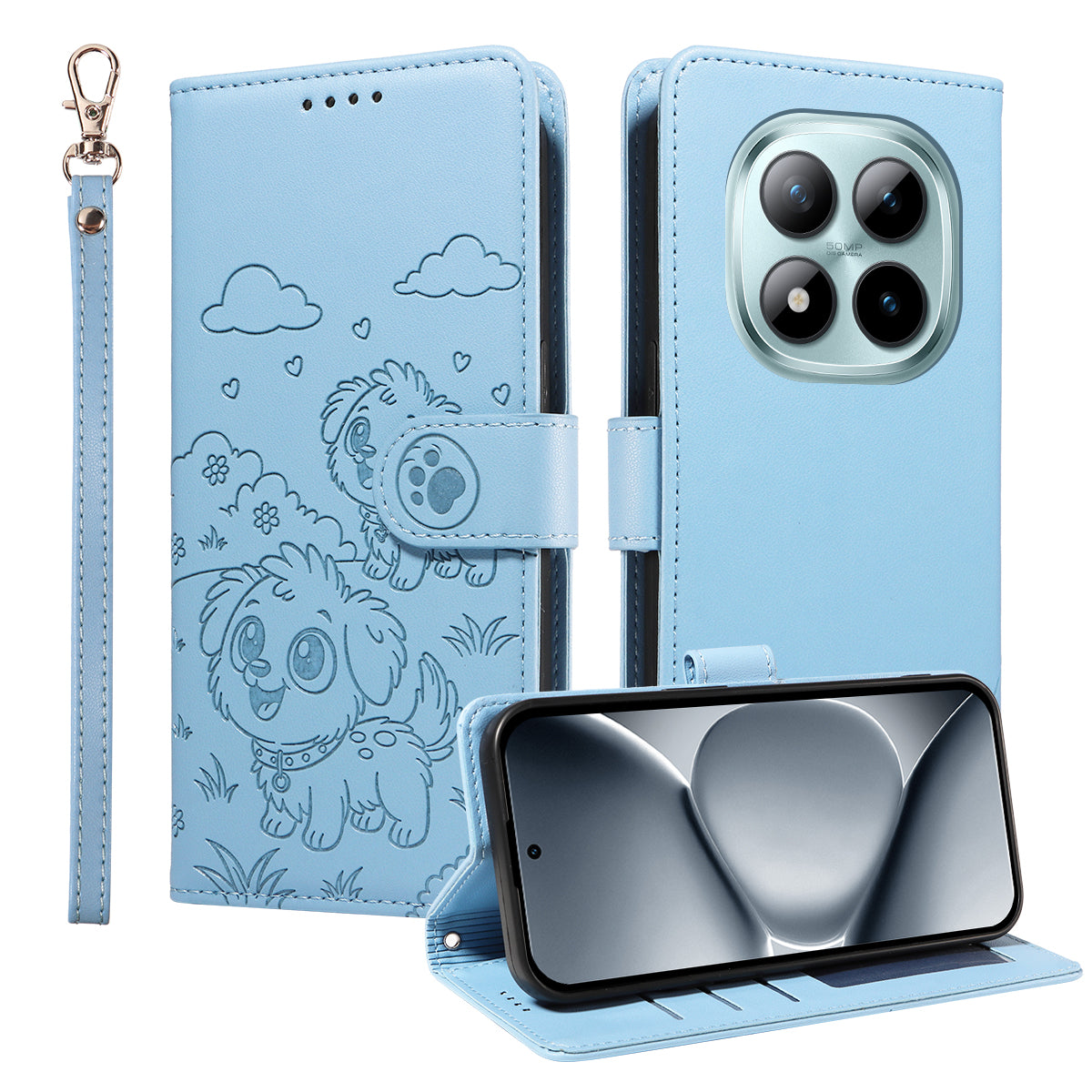 For Xiaomi Poco M8 Pro 5G / Redmi Note 15 Pro+ 5G (Global) Case RFID Blocking Imprinted Dog Pattern PU Leather Phone Cover with Wrist Strap - Blue