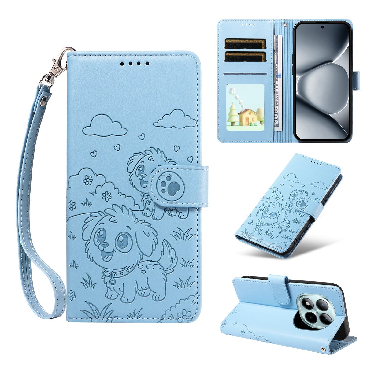 For Xiaomi Poco M8 Pro 5G / Redmi Note 15 Pro+ 5G (Global) Case RFID Blocking Imprinted Dog Pattern PU Leather Phone Cover with Wrist Strap - Blue