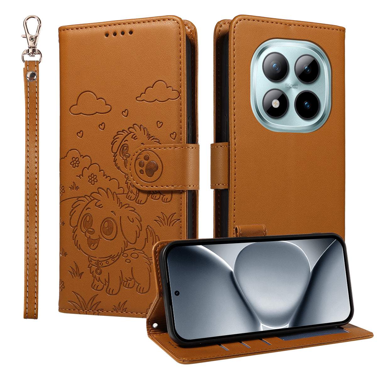 For Xiaomi Poco M8 Pro 5G / Redmi Note 15 Pro+ 5G (Global) Case RFID Blocking Imprinted Dog Pattern PU Leather Phone Cover with Wrist Strap - Brown