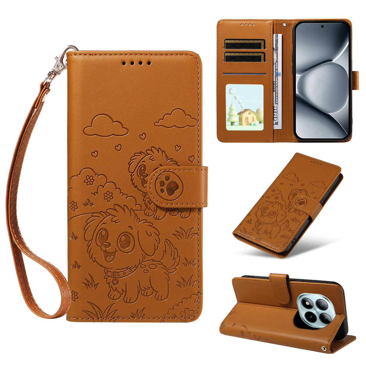 For Xiaomi Poco M8 Pro 5G / Redmi Note 15 Pro+ 5G (Global) Case RFID Blocking Imprinted Dog Pattern PU Leather Phone Cover with Wrist Strap - Brown