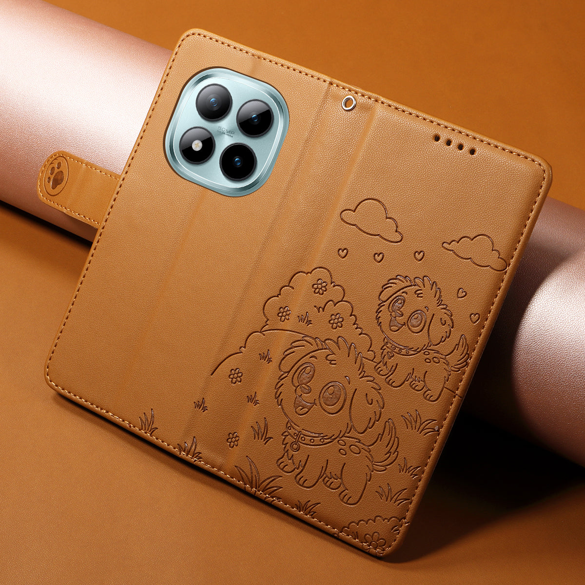 For Xiaomi Poco M8 Pro 5G / Redmi Note 15 Pro+ 5G (Global) Case RFID Blocking Imprinted Dog Pattern PU Leather Phone Cover with Wrist Strap - Brown