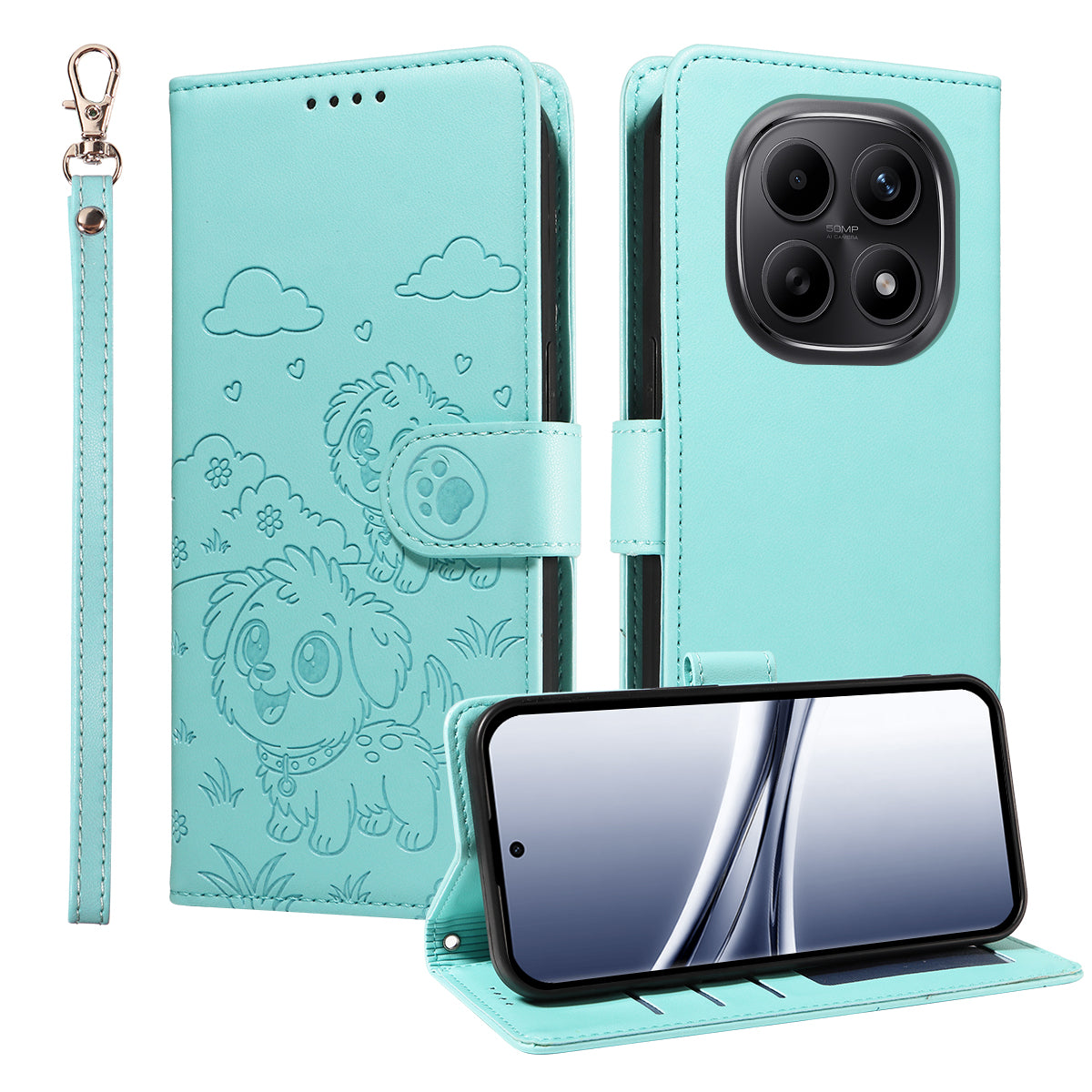 For Xiaomi Poco M8 5G / Redmi Note 15 5G (Global) Case RFID Blocking Imprinted Dog Pattern PU Leather Phone Cover with Wrist Strap - Green