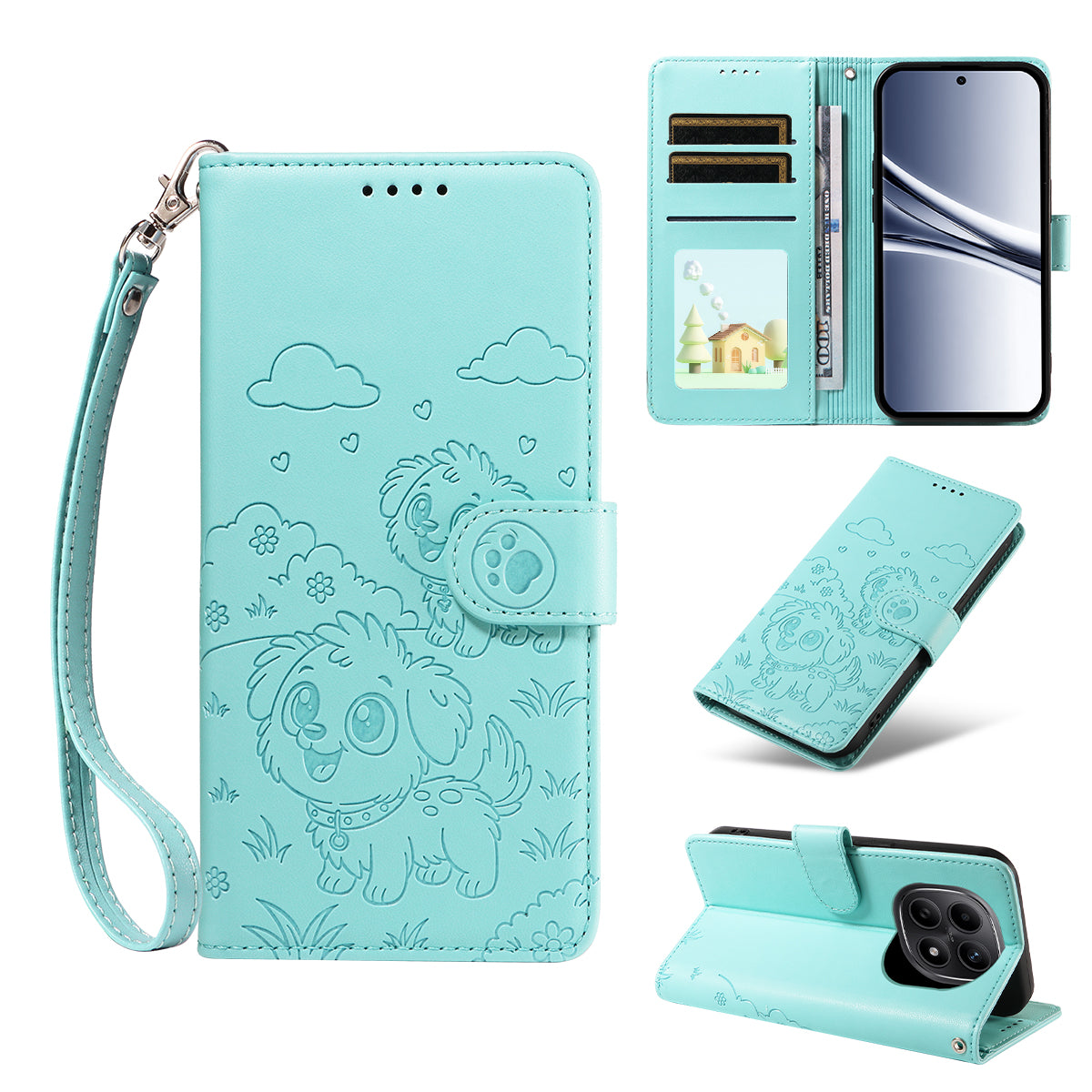 For Xiaomi Poco M8 5G / Redmi Note 15 5G (Global) Case RFID Blocking Imprinted Dog Pattern PU Leather Phone Cover with Wrist Strap - Green