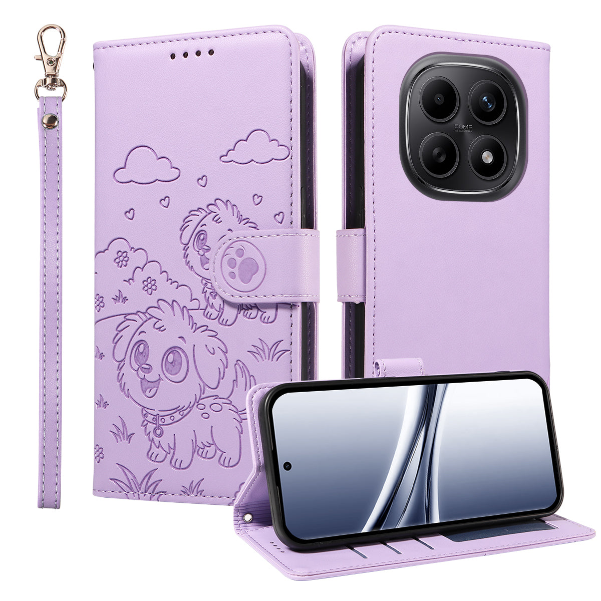 For Xiaomi Poco M8 5G / Redmi Note 15 5G (Global) Case RFID Blocking Imprinted Dog Pattern PU Leather Phone Cover with Wrist Strap - Purple