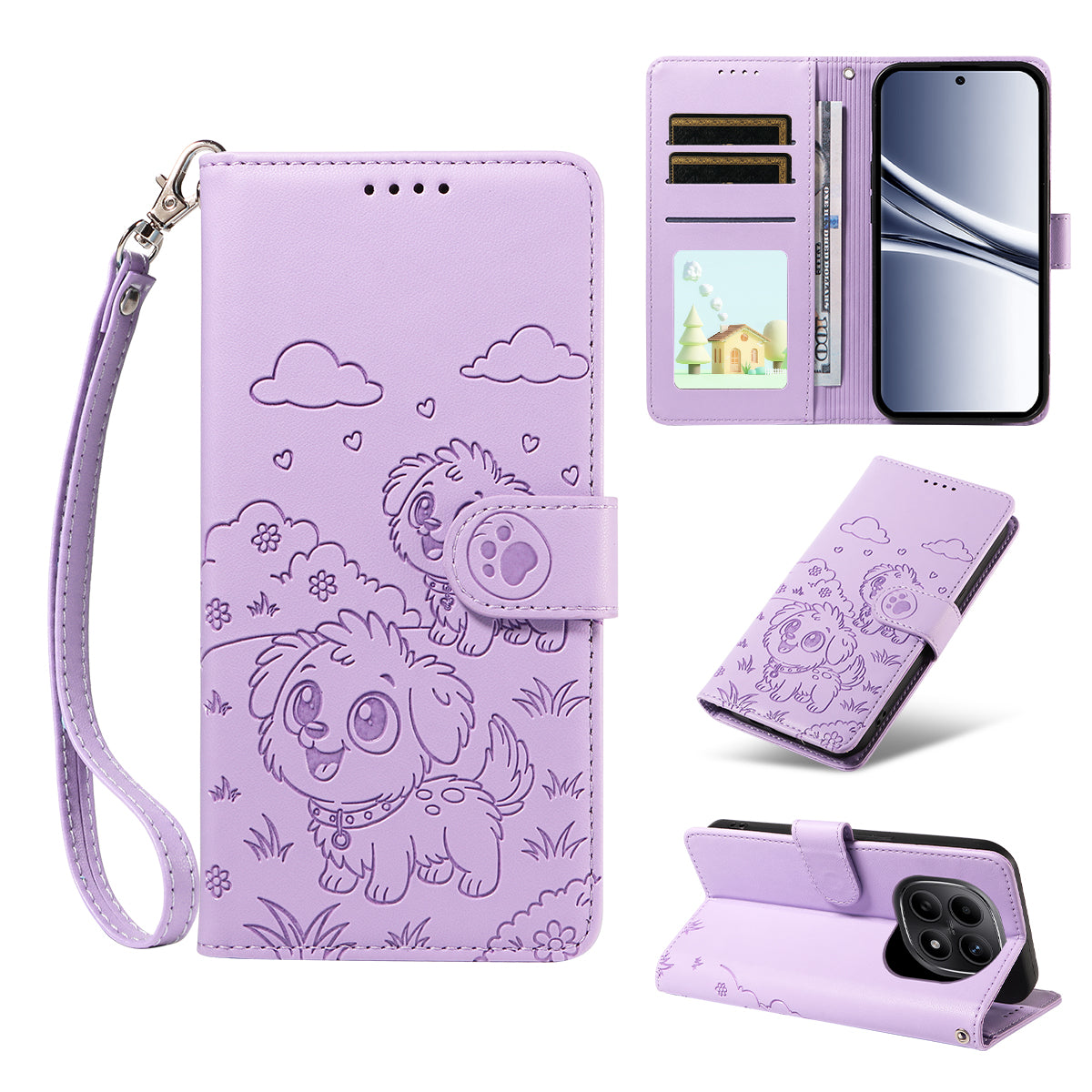 For Xiaomi Poco M8 5G / Redmi Note 15 5G (Global) Case RFID Blocking Imprinted Dog Pattern PU Leather Phone Cover with Wrist Strap - Purple