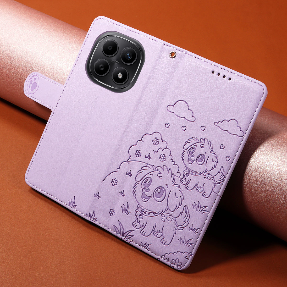 For Xiaomi Poco M8 5G / Redmi Note 15 5G (Global) Case RFID Blocking Imprinted Dog Pattern PU Leather Phone Cover with Wrist Strap - Purple