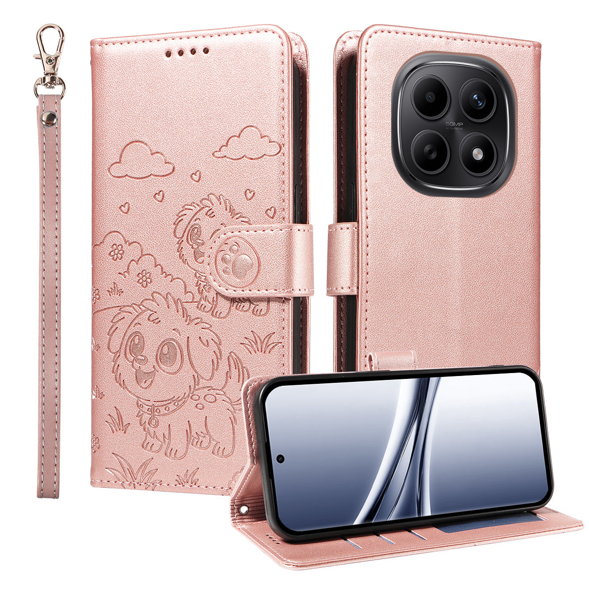 For Xiaomi Poco M8 5G / Redmi Note 15 5G (Global) Case RFID Blocking Imprinted Dog Pattern PU Leather Phone Cover with Wrist Strap - Pink
