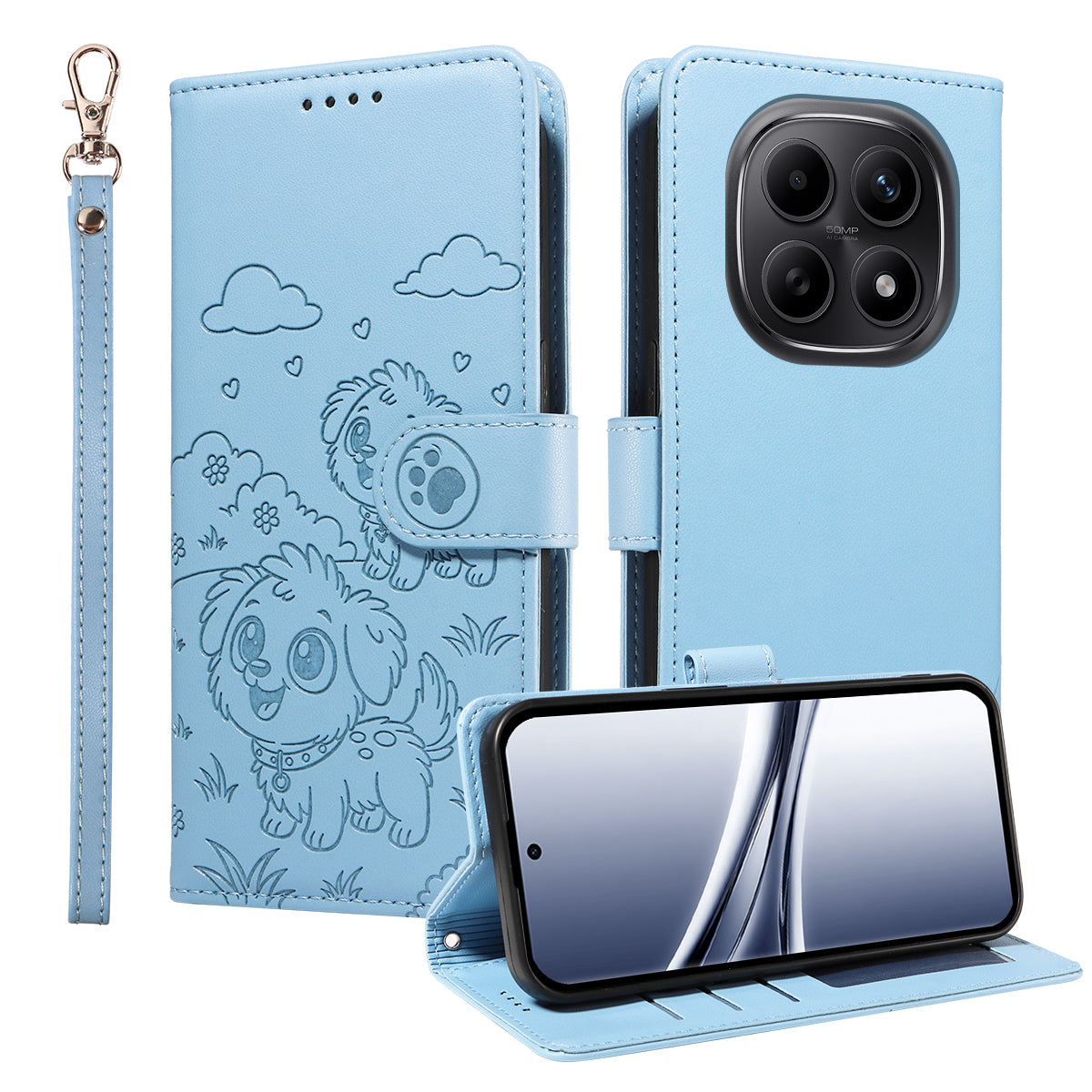 For Xiaomi Poco M8 5G / Redmi Note 15 5G (Global) Case RFID Blocking Imprinted Dog Pattern PU Leather Phone Cover with Wrist Strap - Blue