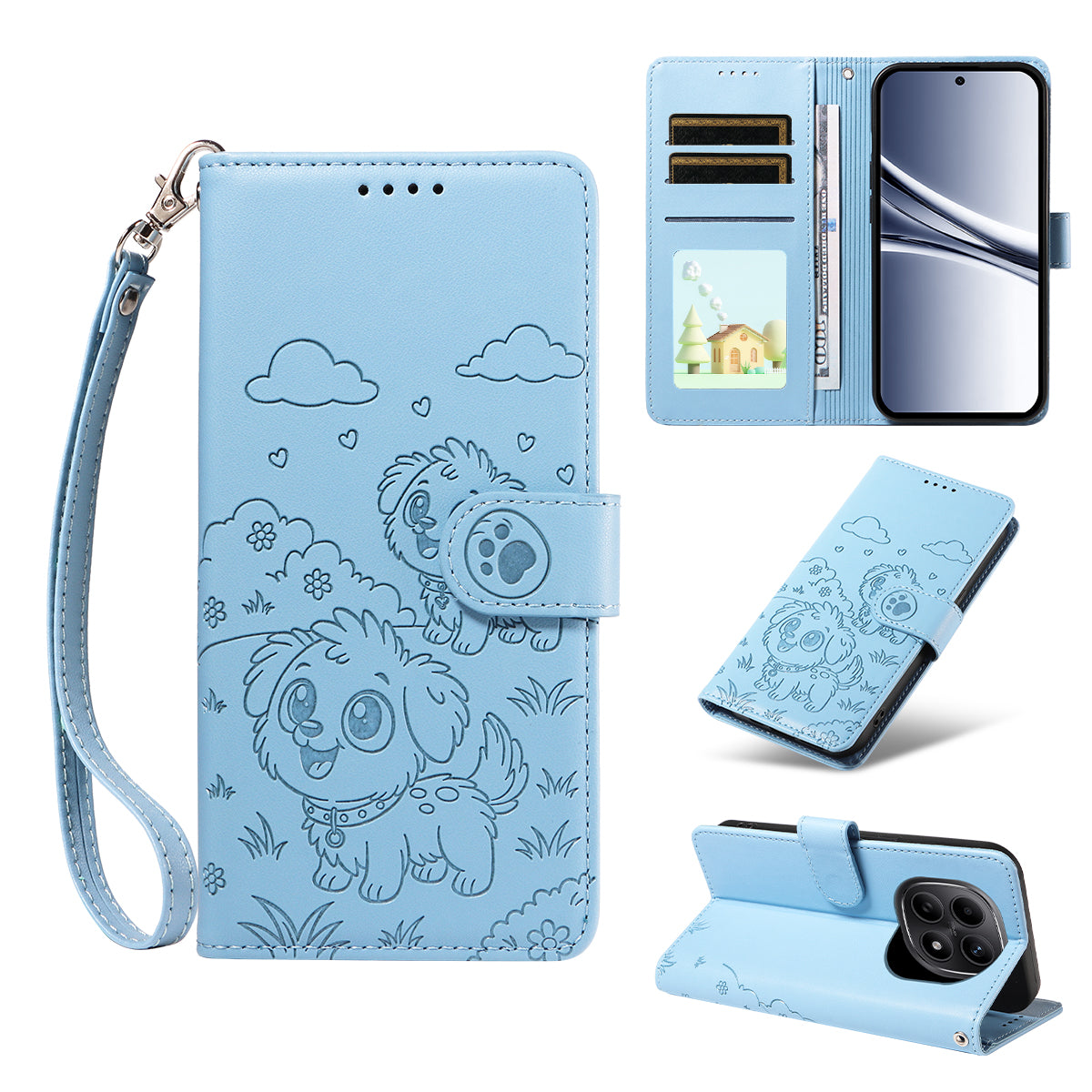 For Xiaomi Poco M8 5G / Redmi Note 15 5G (Global) Case RFID Blocking Imprinted Dog Pattern PU Leather Phone Cover with Wrist Strap - Blue