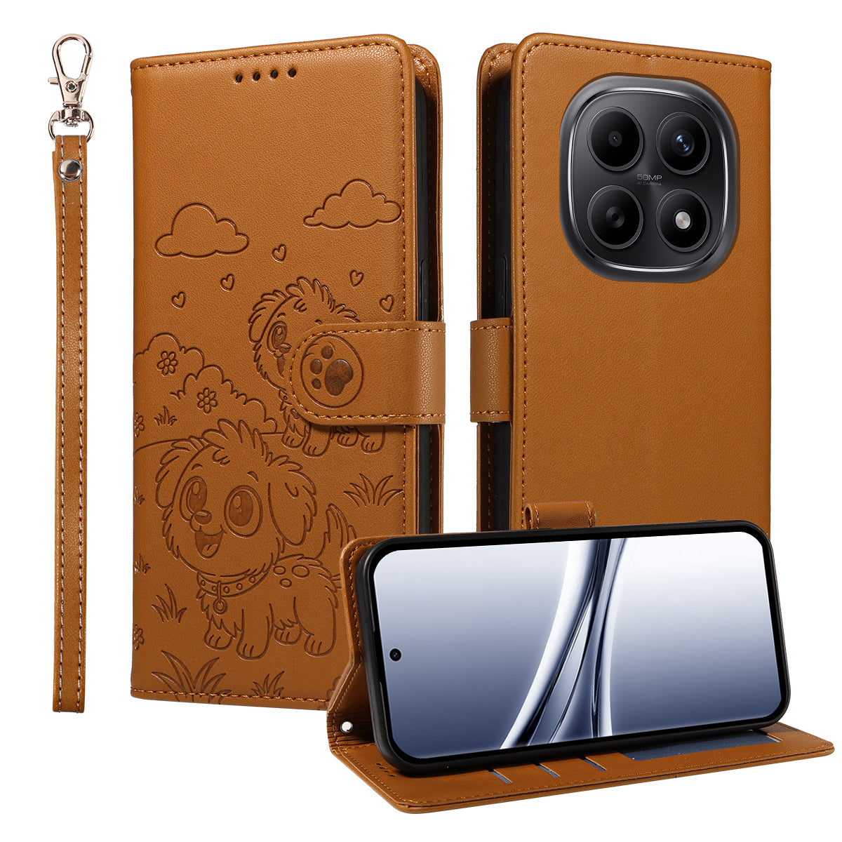 For Xiaomi Poco M8 5G / Redmi Note 15 5G (Global) Case RFID Blocking Imprinted Dog Pattern PU Leather Phone Cover with Wrist Strap - Brown