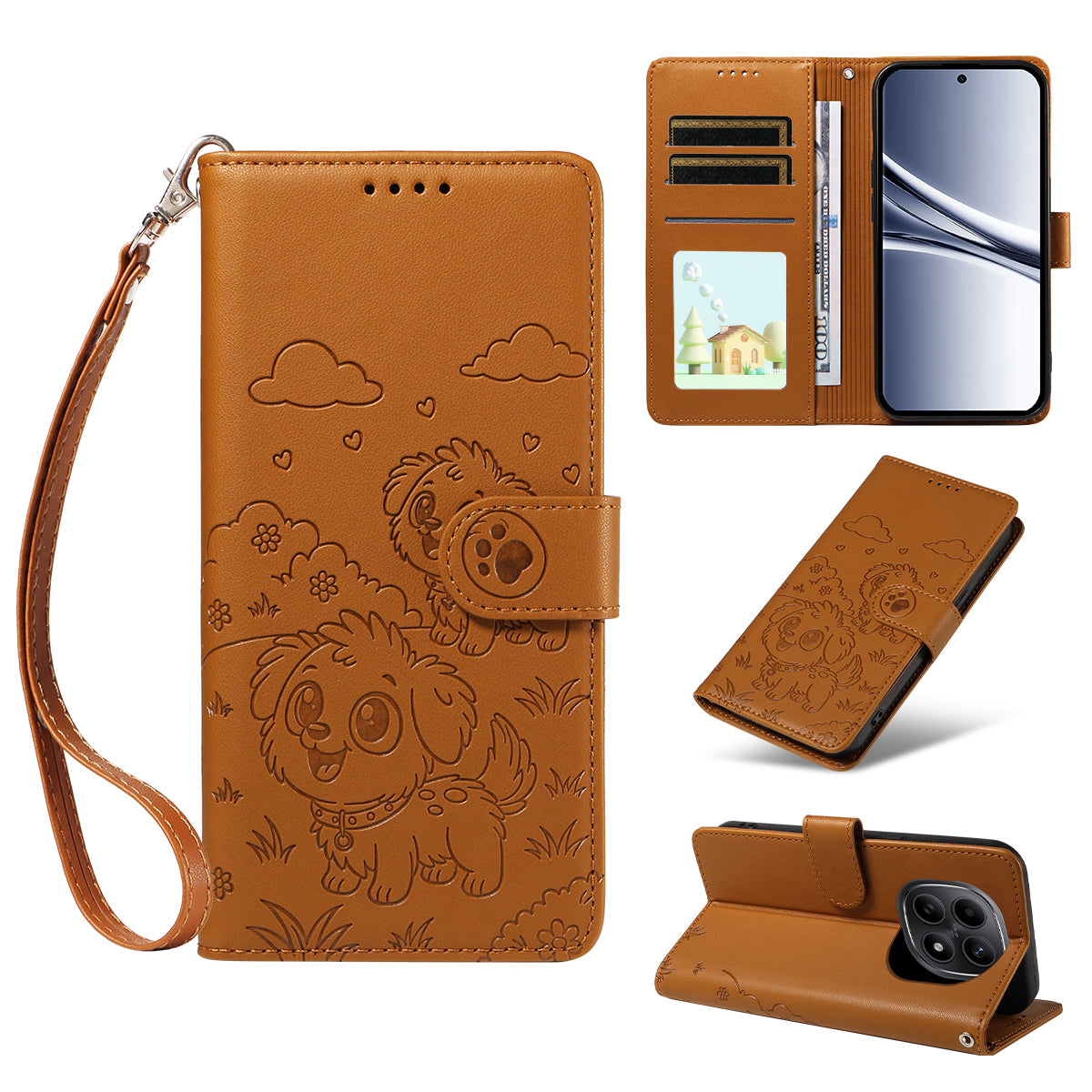 For Xiaomi Poco M8 5G / Redmi Note 15 5G (Global) Case RFID Blocking Imprinted Dog Pattern PU Leather Phone Cover with Wrist Strap - Brown
