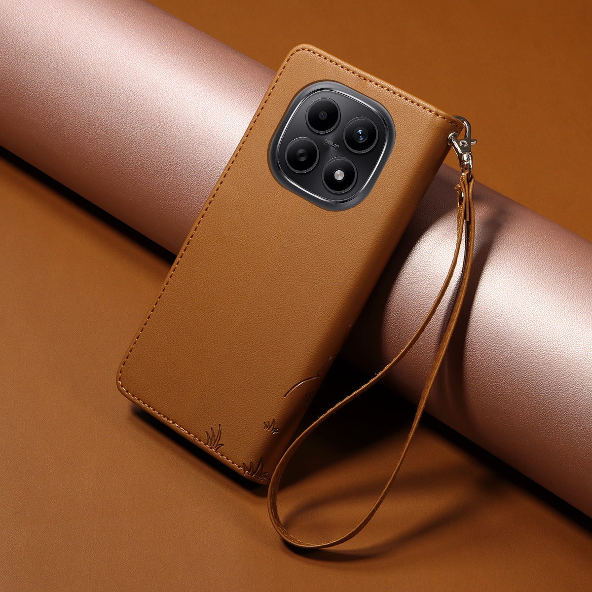 For Xiaomi Poco M8 5G / Redmi Note 15 5G (Global) Case RFID Blocking Imprinted Dog Pattern PU Leather Phone Cover with Wrist Strap - Brown