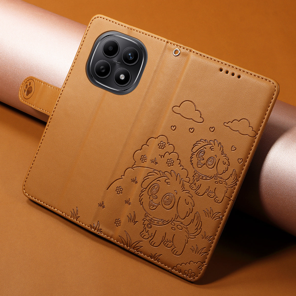 For Xiaomi Poco M8 5G / Redmi Note 15 5G (Global) Case RFID Blocking Imprinted Dog Pattern PU Leather Phone Cover with Wrist Strap - Brown