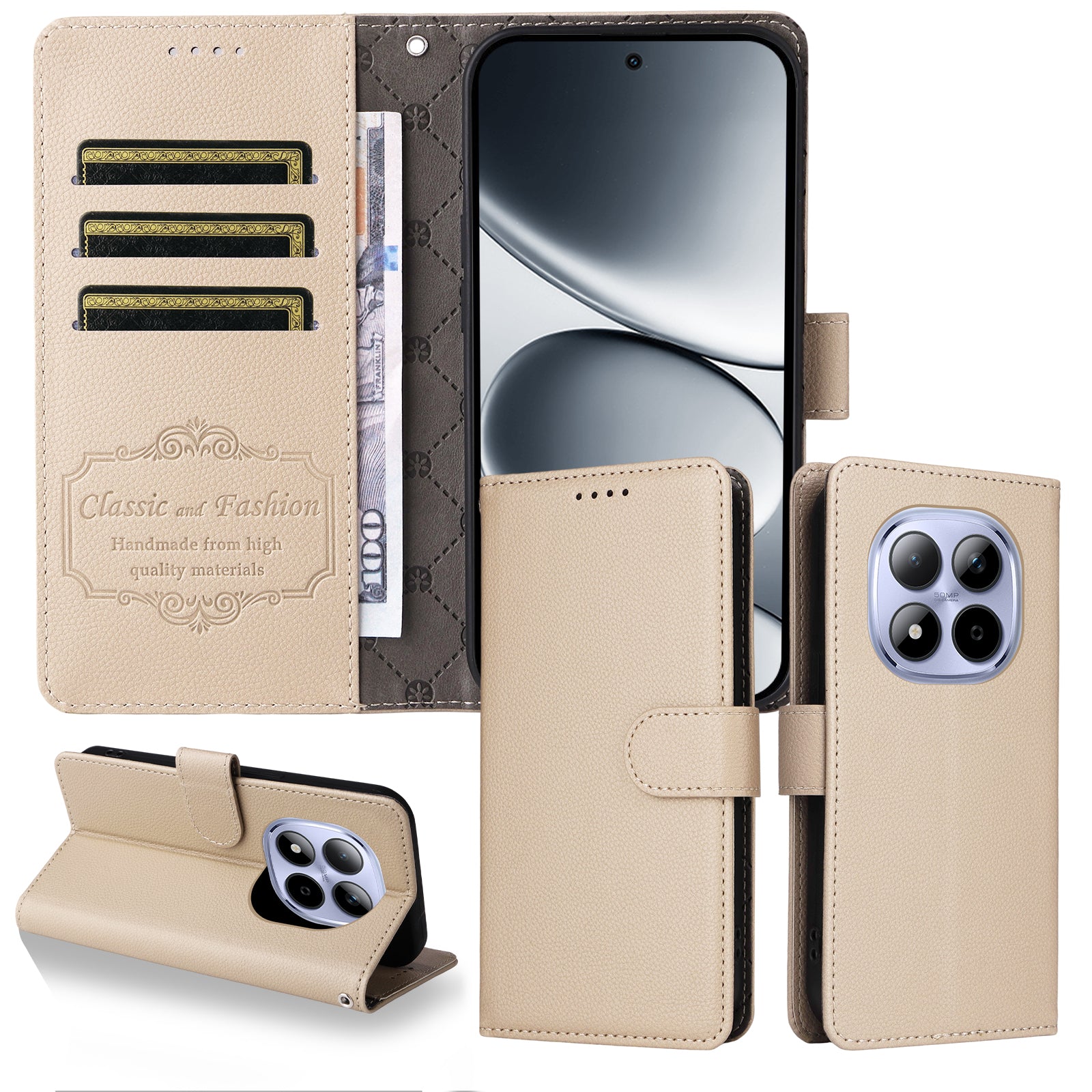 For Xiaomi Redmi Note 15 Pro 4G (Global) Case RFID Blocking 3 Card Slots PU Leather Phone Cover with Wrist Strap - Creamy White
