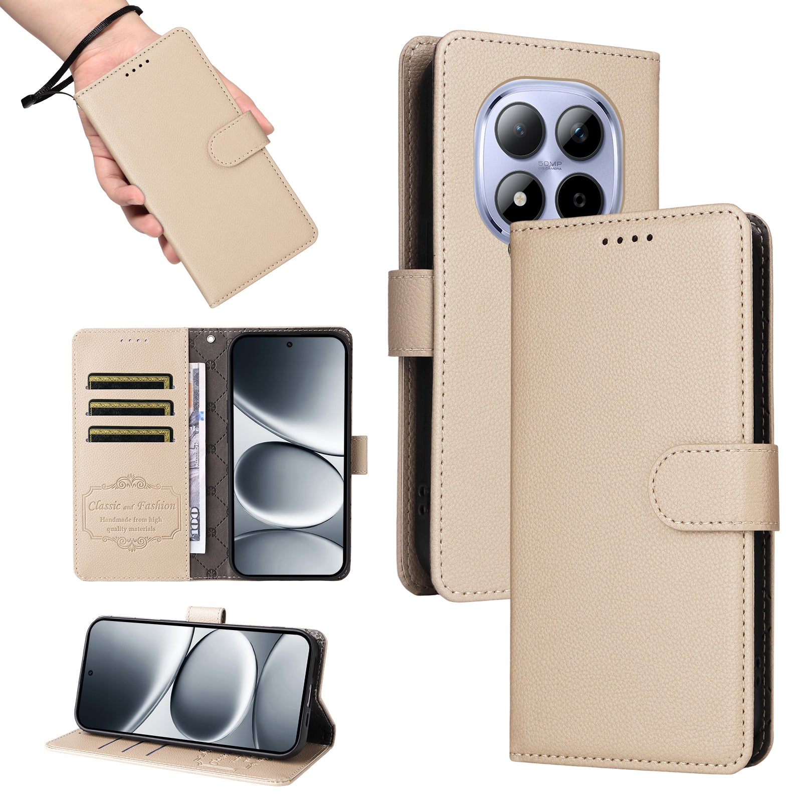 For Xiaomi Redmi Note 15 Pro 4G (Global) Case RFID Blocking 3 Card Slots PU Leather Phone Cover with Wrist Strap - Creamy White