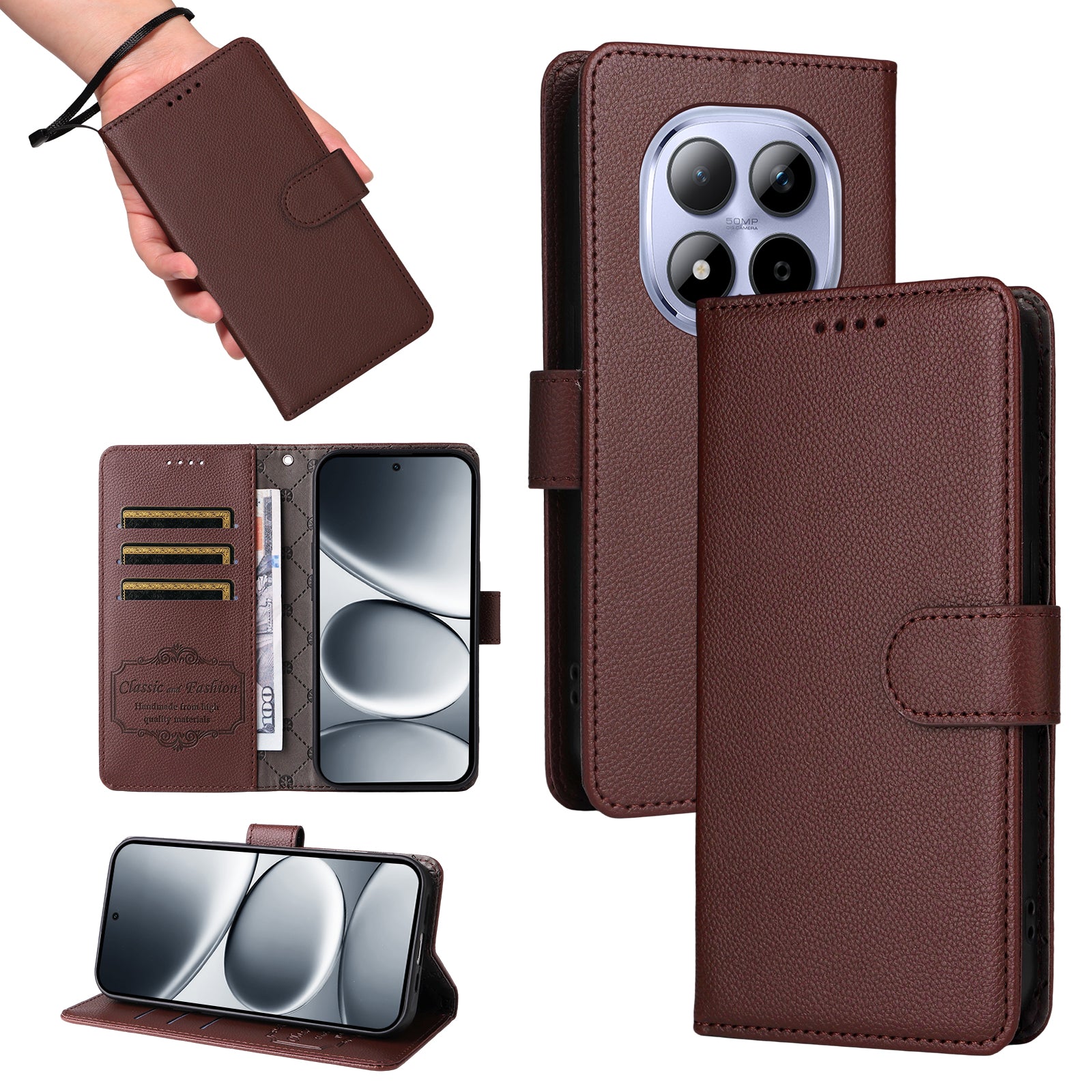 For Xiaomi Redmi Note 15 Pro 4G (Global) Case RFID Blocking 3 Card Slots PU Leather Phone Cover with Wrist Strap - Brown