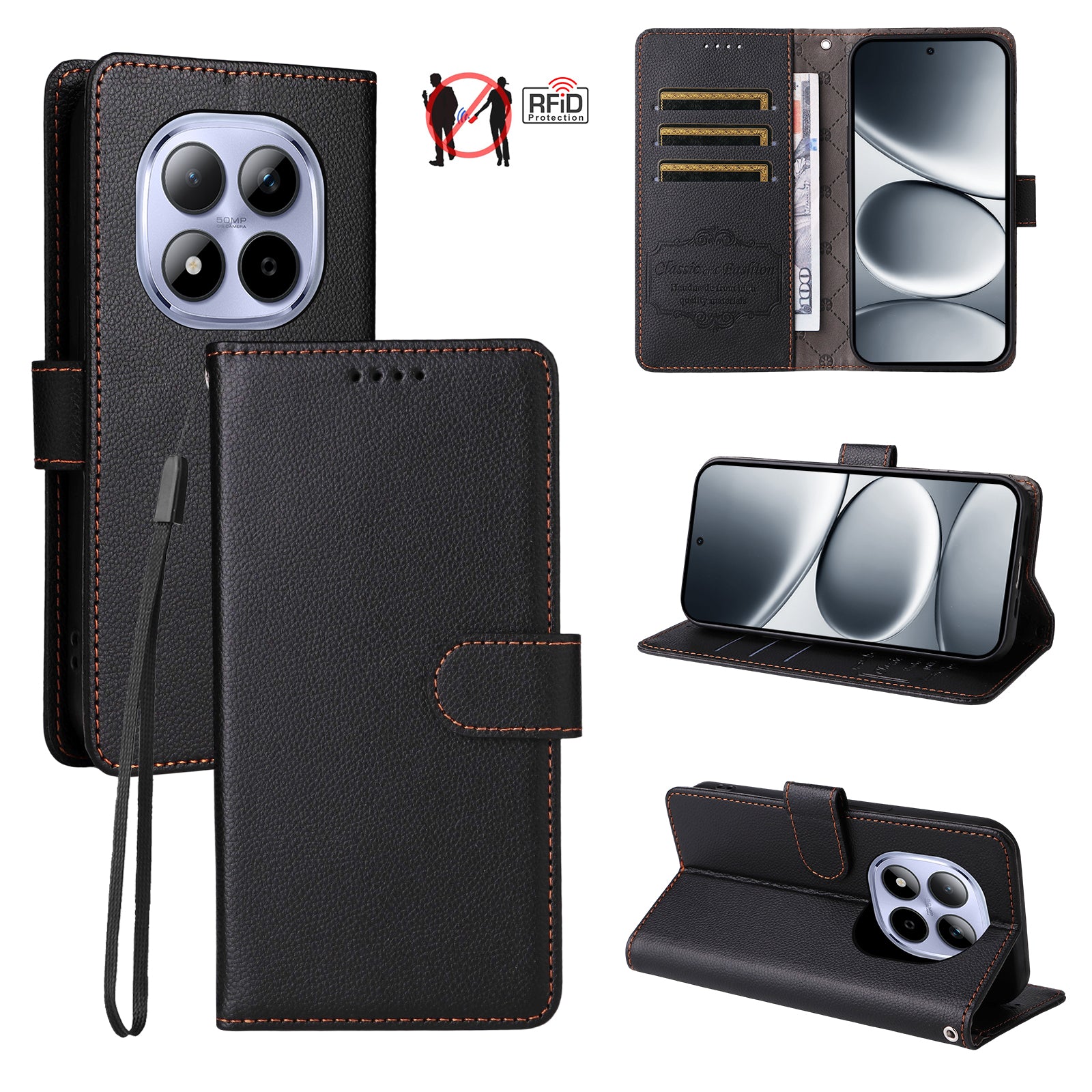 For Xiaomi Redmi Note 15 Pro 4G (Global) Case RFID Blocking 3 Card Slots PU Leather Phone Cover with Wrist Strap - Black