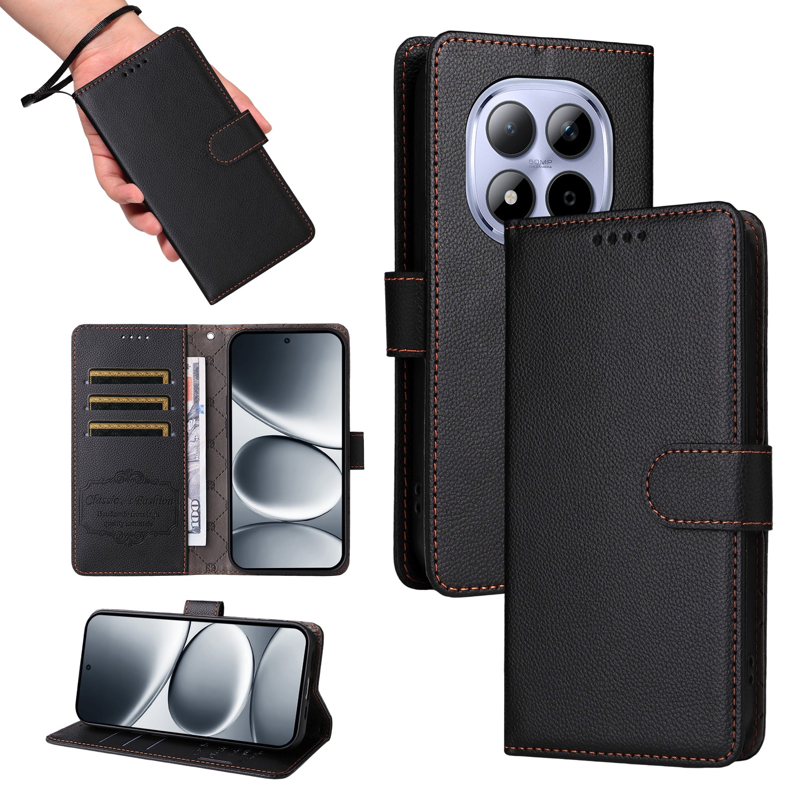 For Xiaomi Redmi Note 15 Pro 4G (Global) Case RFID Blocking 3 Card Slots PU Leather Phone Cover with Wrist Strap - Black