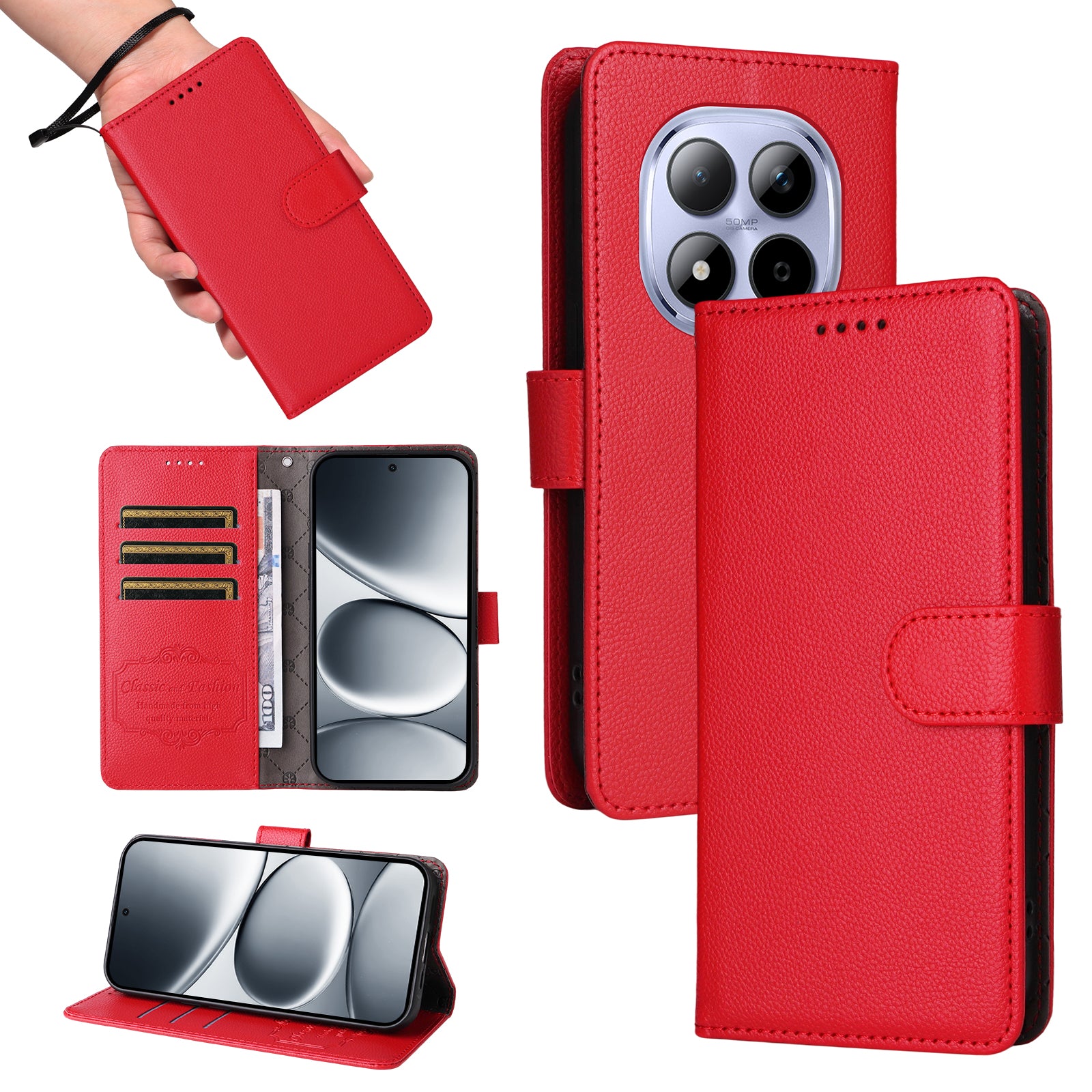 For Xiaomi Redmi Note 15 Pro 4G (Global) Case RFID Blocking 3 Card Slots PU Leather Phone Cover with Wrist Strap - Red