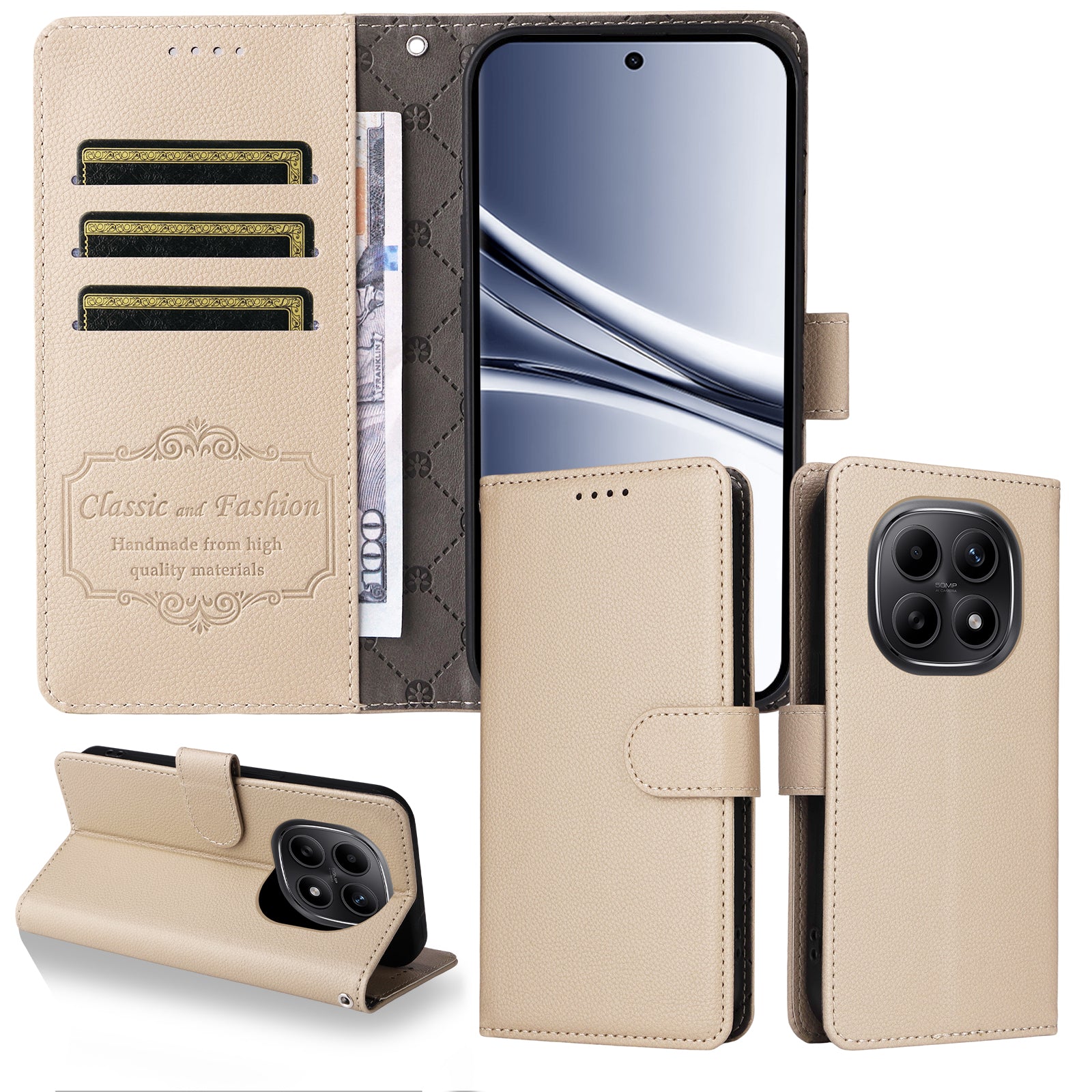 For Xiaomi Poco M8 5G / Redmi Note 15 5G (Global) Case RFID Blocking 3 Card Slots PU Leather Phone Cover with Wrist Strap - Creamy White