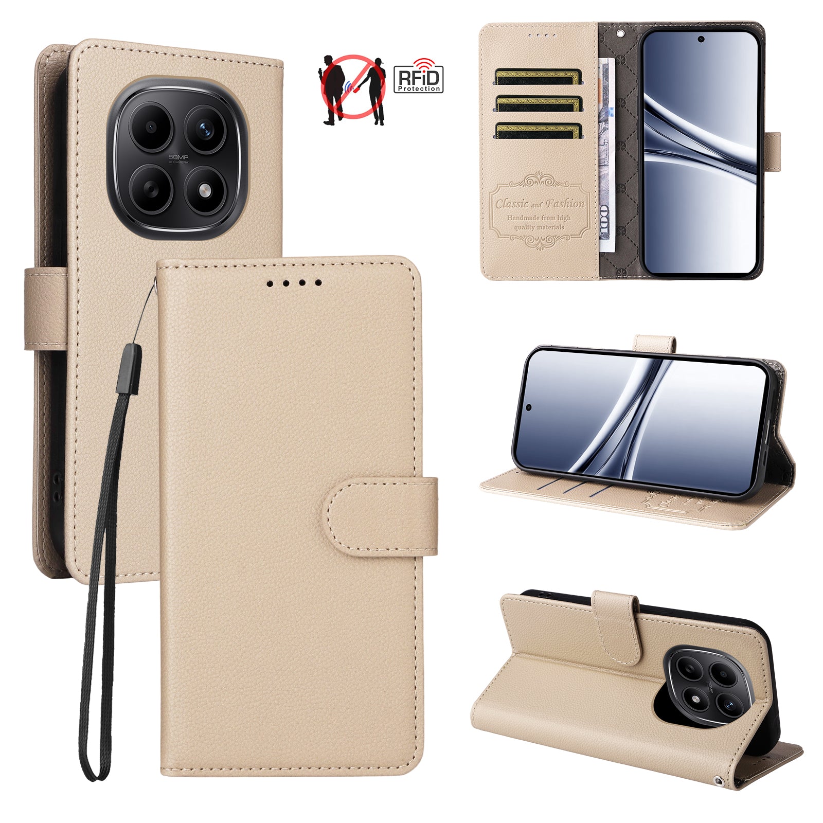 For Xiaomi Poco M8 5G / Redmi Note 15 5G (Global) Case RFID Blocking 3 Card Slots PU Leather Phone Cover with Wrist Strap - Creamy White