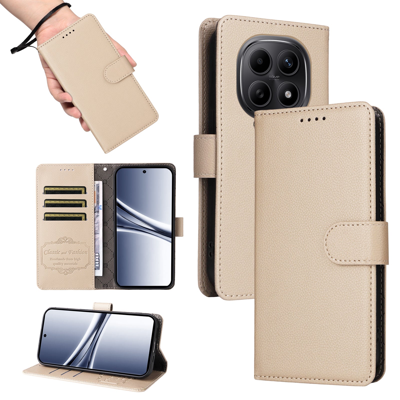 For Xiaomi Poco M8 5G / Redmi Note 15 5G (Global) Case RFID Blocking 3 Card Slots PU Leather Phone Cover with Wrist Strap - Creamy White