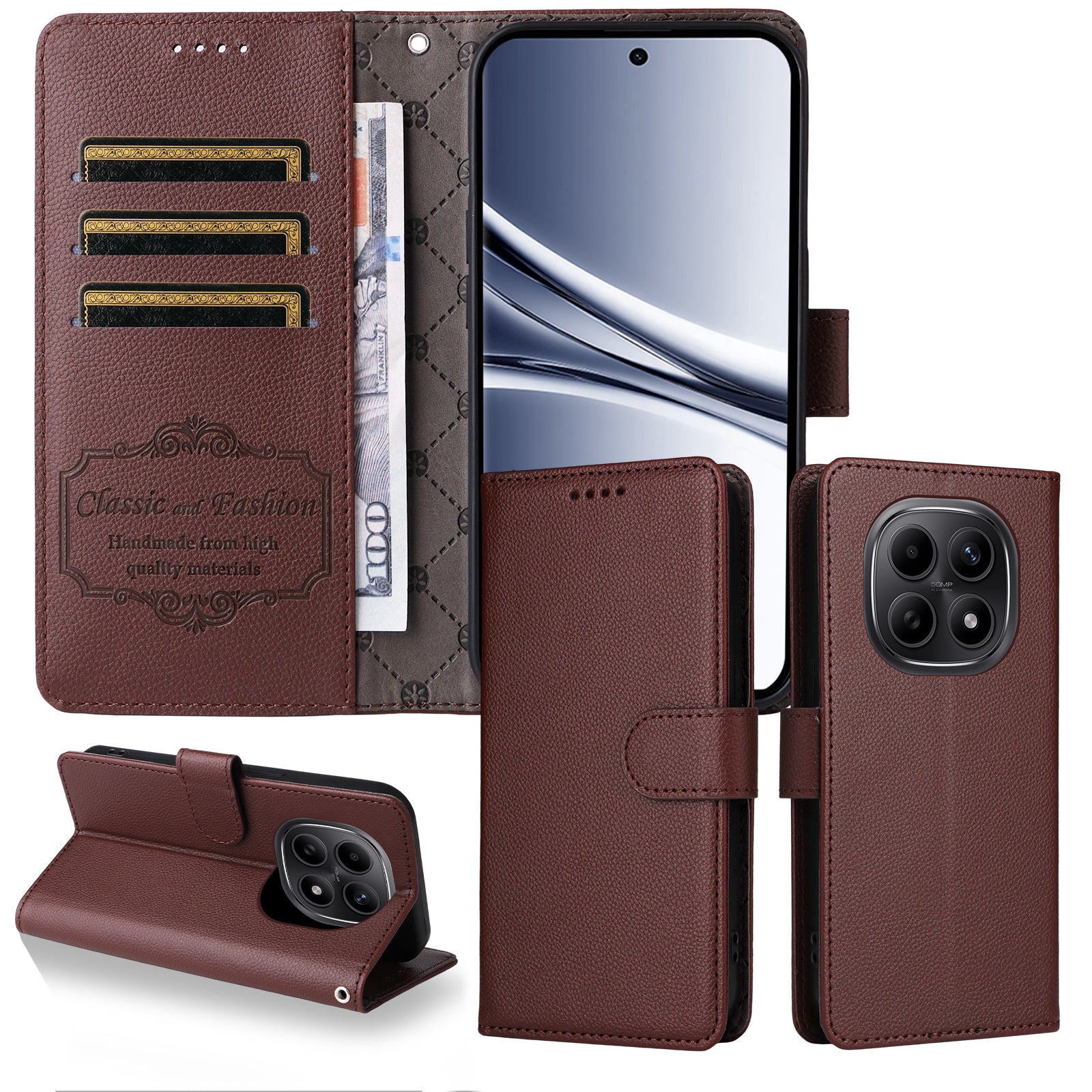 For Xiaomi Poco M8 5G / Redmi Note 15 5G (Global) Case RFID Blocking 3 Card Slots PU Leather Phone Cover with Wrist Strap - Brown
