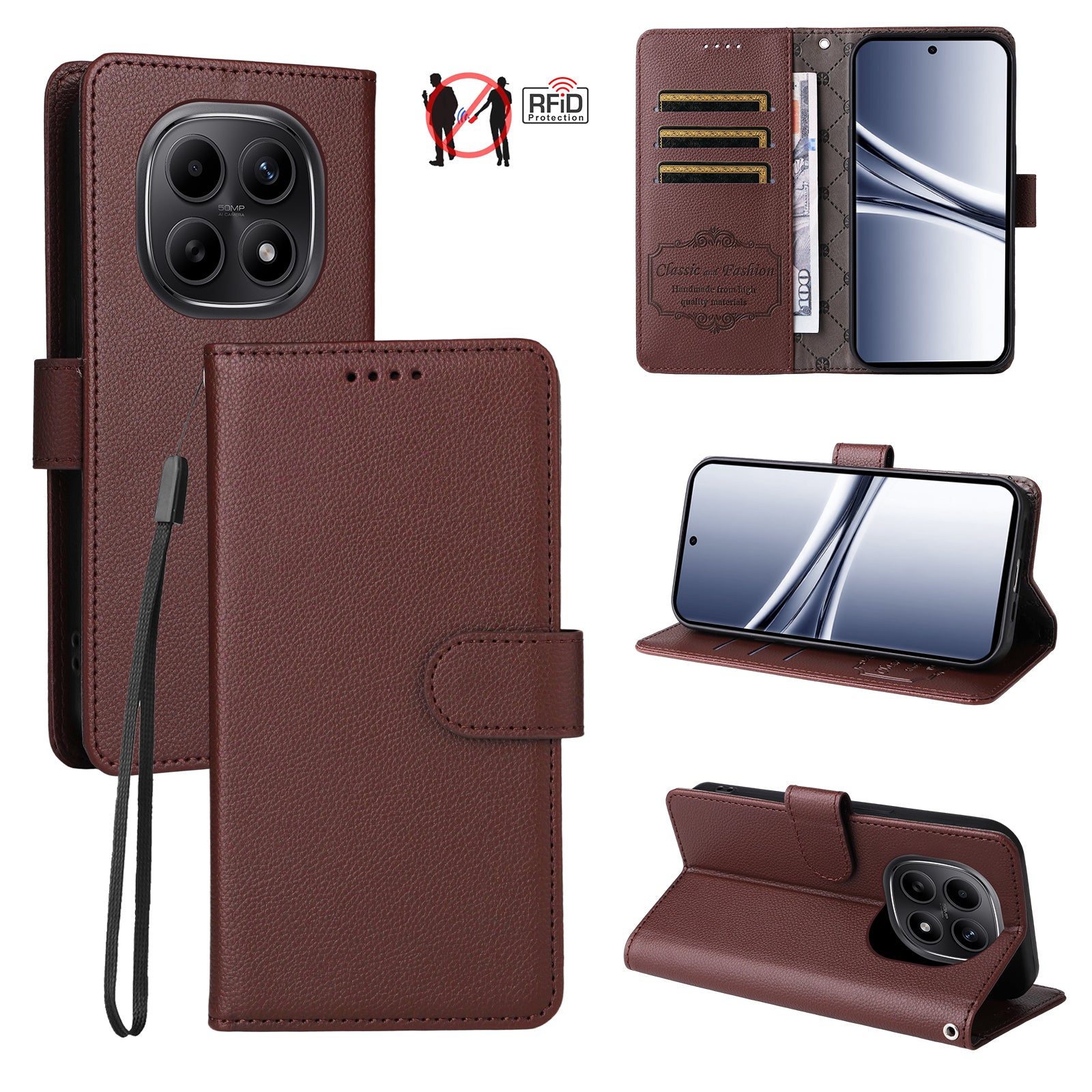 For Xiaomi Poco M8 5G / Redmi Note 15 5G (Global) Case RFID Blocking 3 Card Slots PU Leather Phone Cover with Wrist Strap - Brown