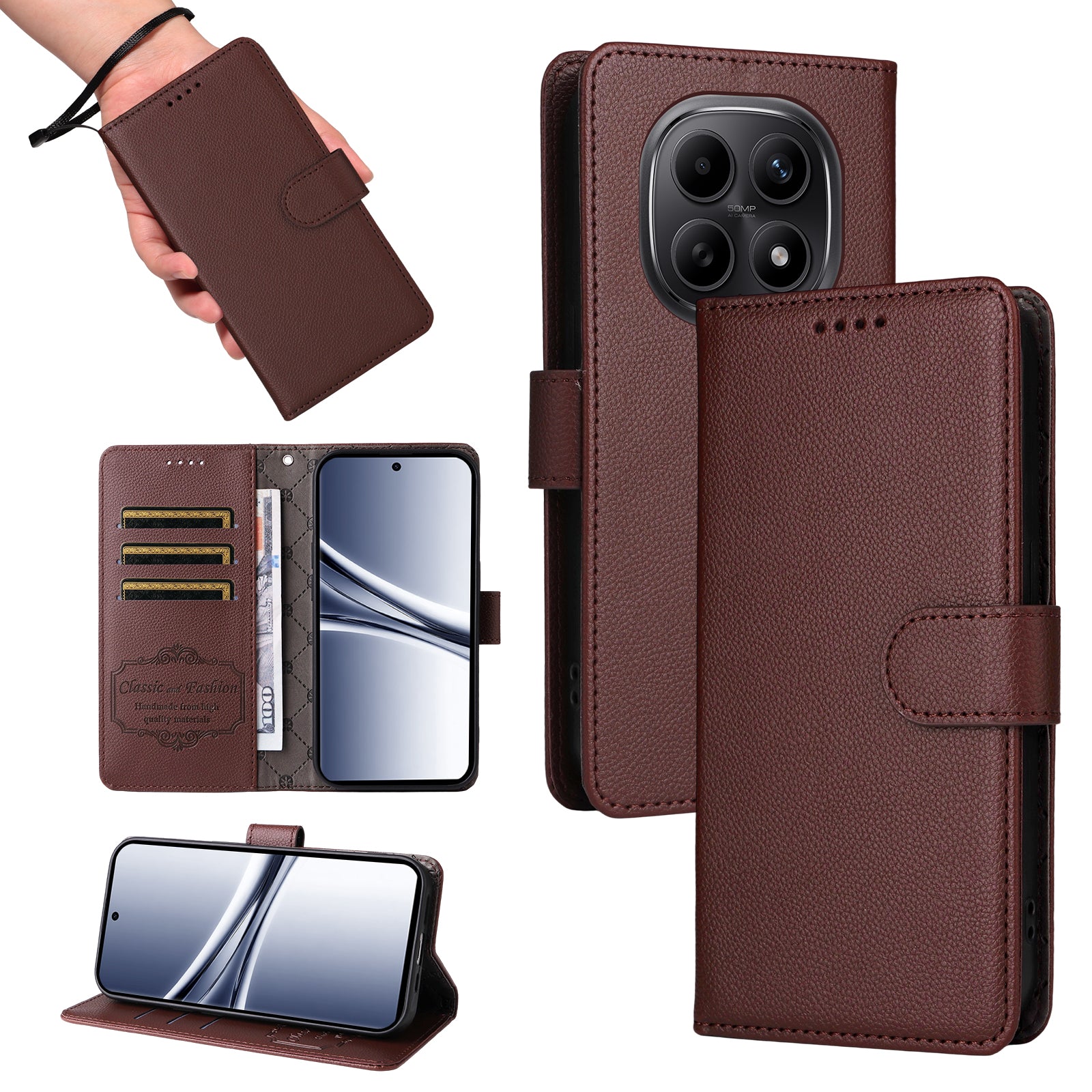 For Xiaomi Poco M8 5G / Redmi Note 15 5G (Global) Case RFID Blocking 3 Card Slots PU Leather Phone Cover with Wrist Strap - Brown