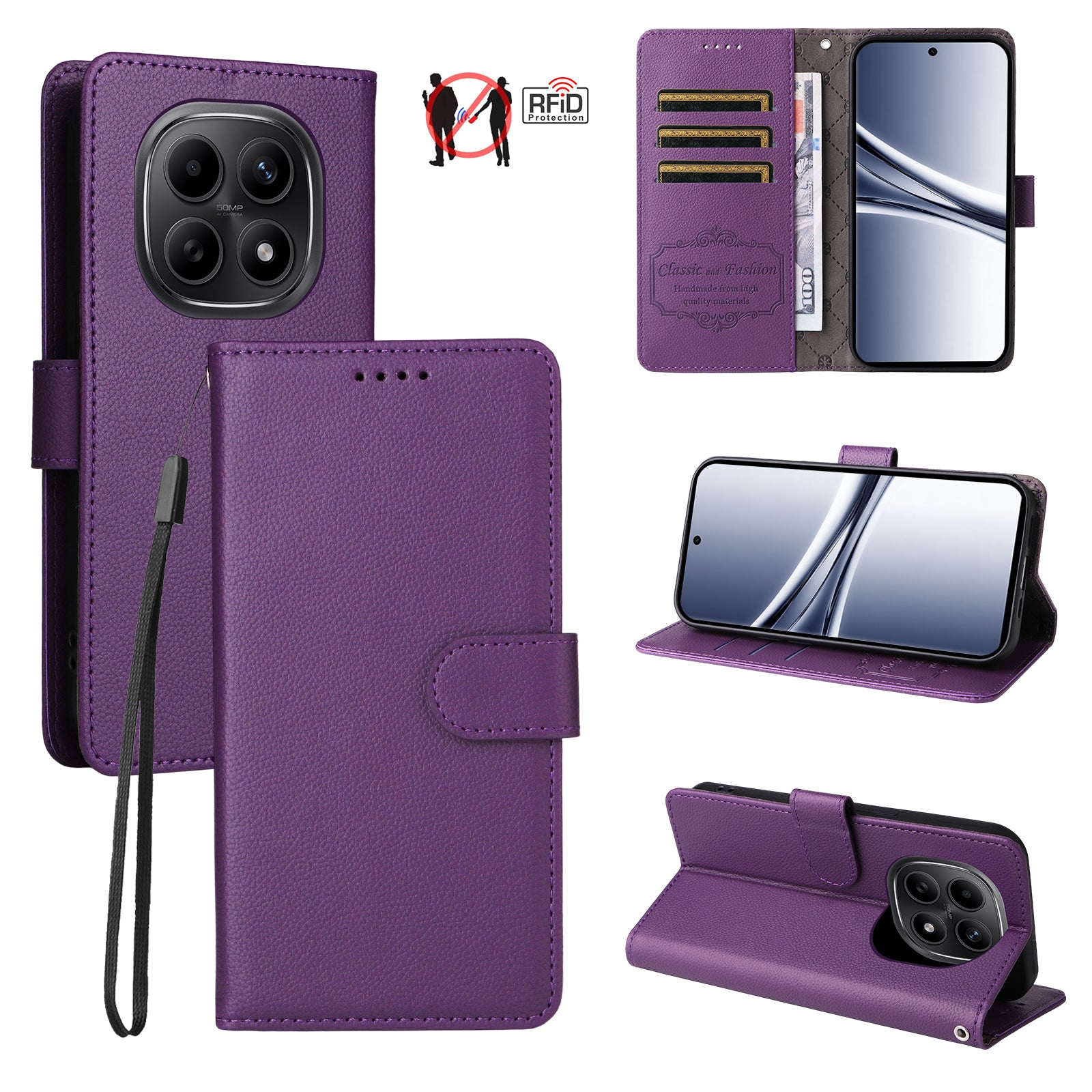For Xiaomi Poco M8 5G / Redmi Note 15 5G (Global) Case RFID Blocking 3 Card Slots PU Leather Phone Cover with Wrist Strap - Purple
