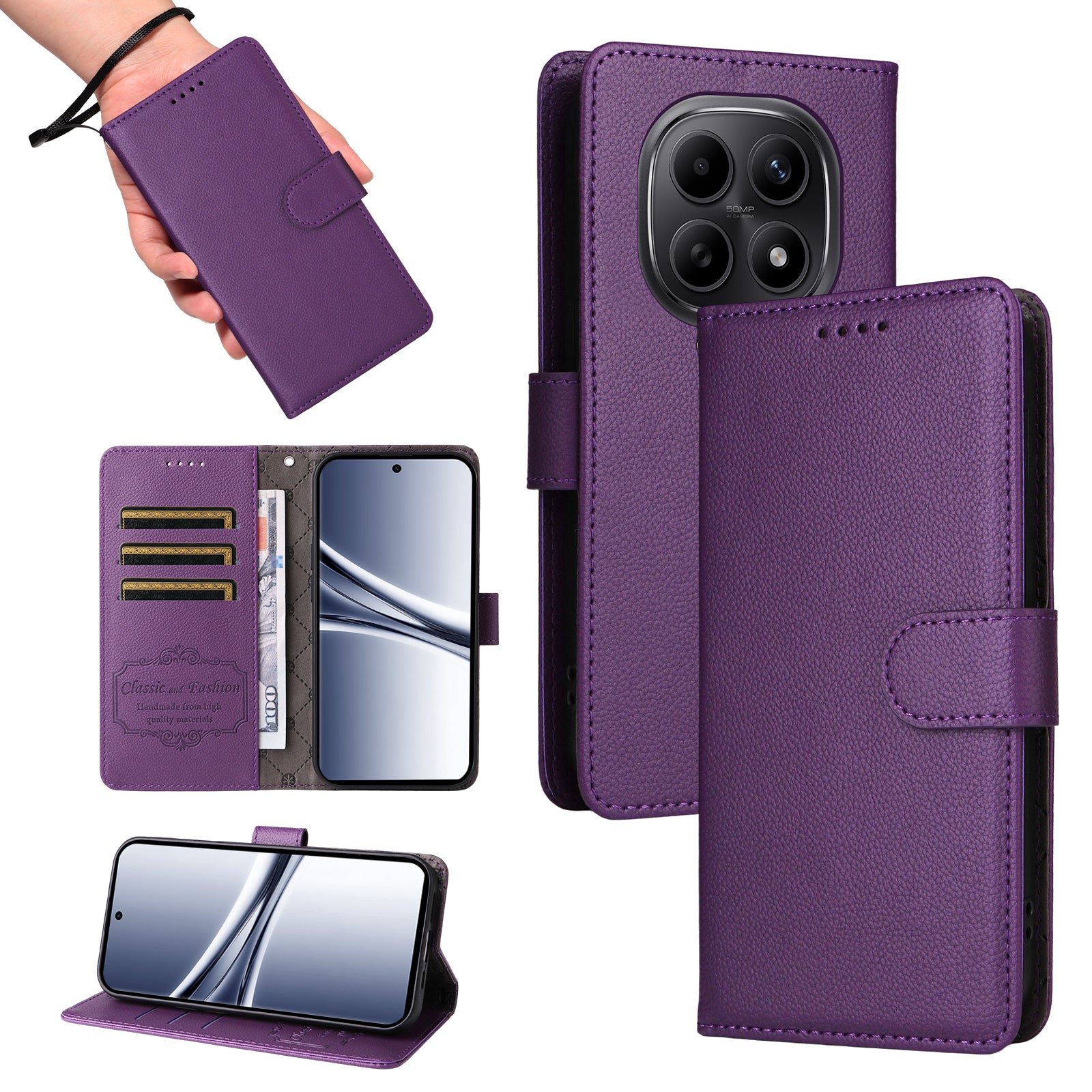 For Xiaomi Poco M8 5G / Redmi Note 15 5G (Global) Case RFID Blocking 3 Card Slots PU Leather Phone Cover with Wrist Strap - Purple