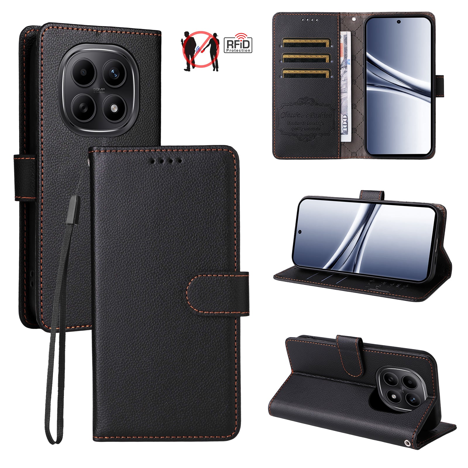 For Xiaomi Poco M8 5G / Redmi Note 15 5G (Global) Case RFID Blocking 3 Card Slots PU Leather Phone Cover with Wrist Strap - Black