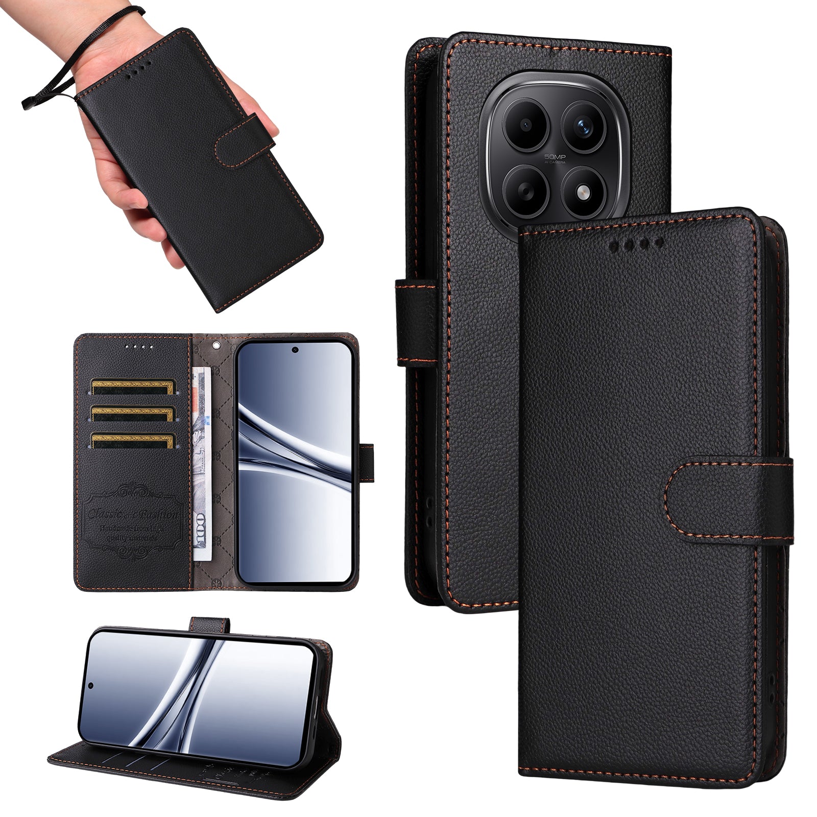 For Xiaomi Poco M8 5G / Redmi Note 15 5G (Global) Case RFID Blocking 3 Card Slots PU Leather Phone Cover with Wrist Strap - Black