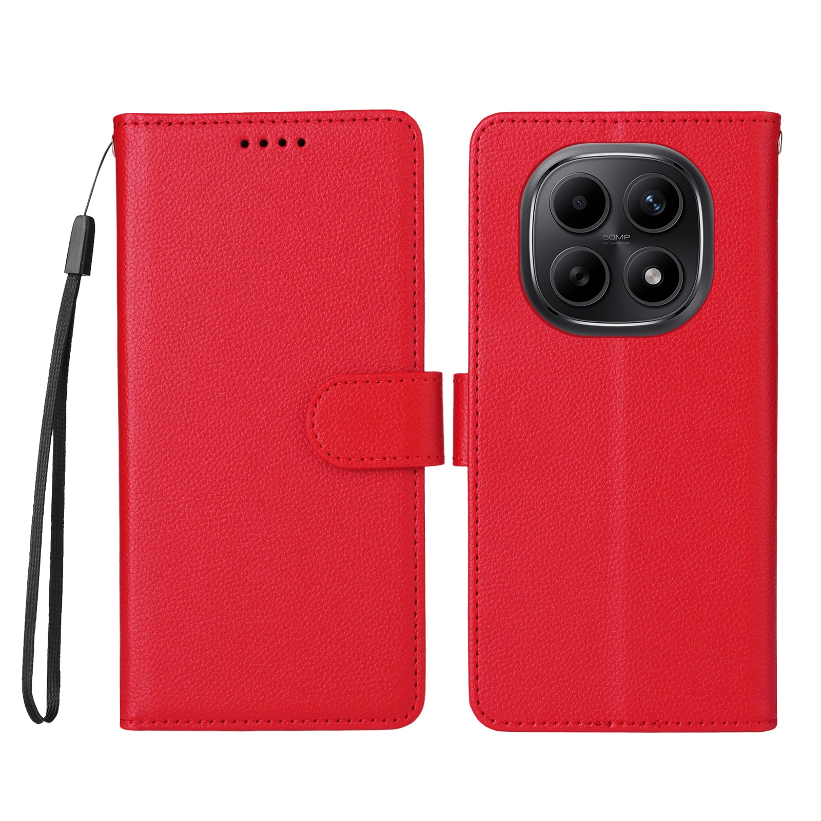 For Xiaomi Poco M8 5G / Redmi Note 15 5G (Global) Case RFID Blocking 3 Card Slots PU Leather Phone Cover with Wrist Strap - Red