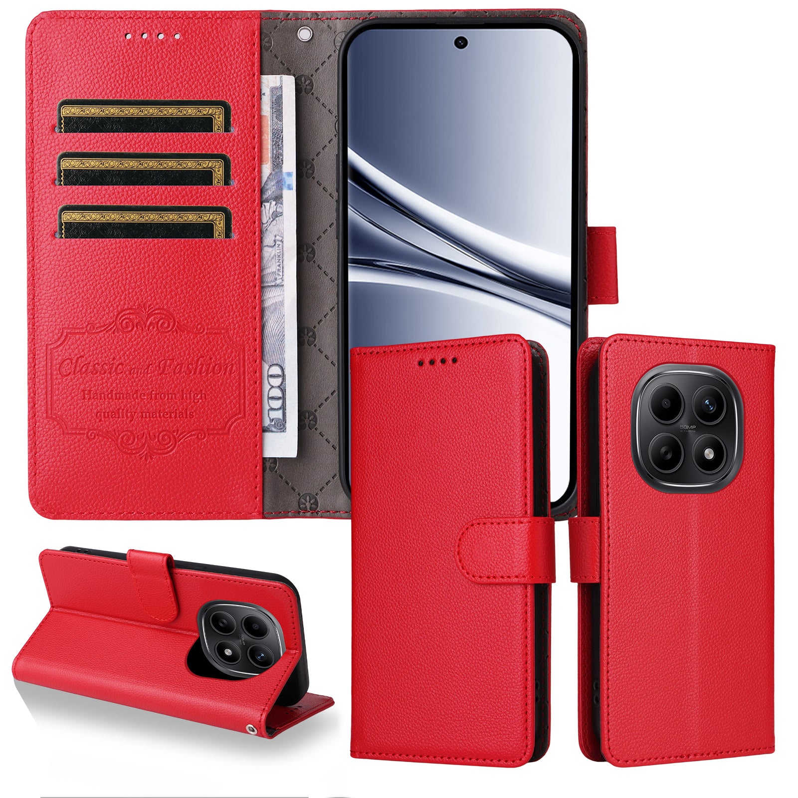 For Xiaomi Poco M8 5G / Redmi Note 15 5G (Global) Case RFID Blocking 3 Card Slots PU Leather Phone Cover with Wrist Strap - Red