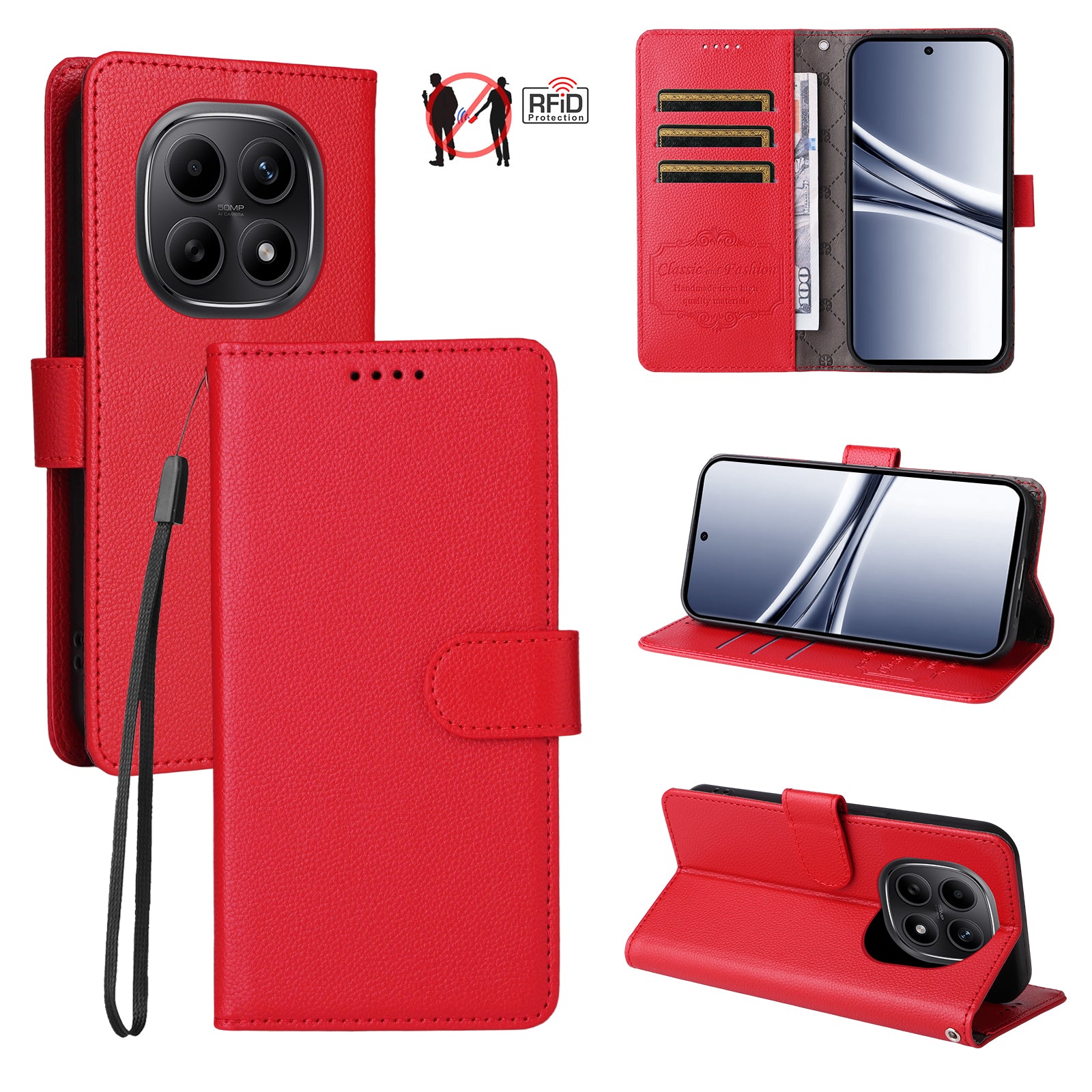 For Xiaomi Poco M8 5G / Redmi Note 15 5G (Global) Case RFID Blocking 3 Card Slots PU Leather Phone Cover with Wrist Strap - Red