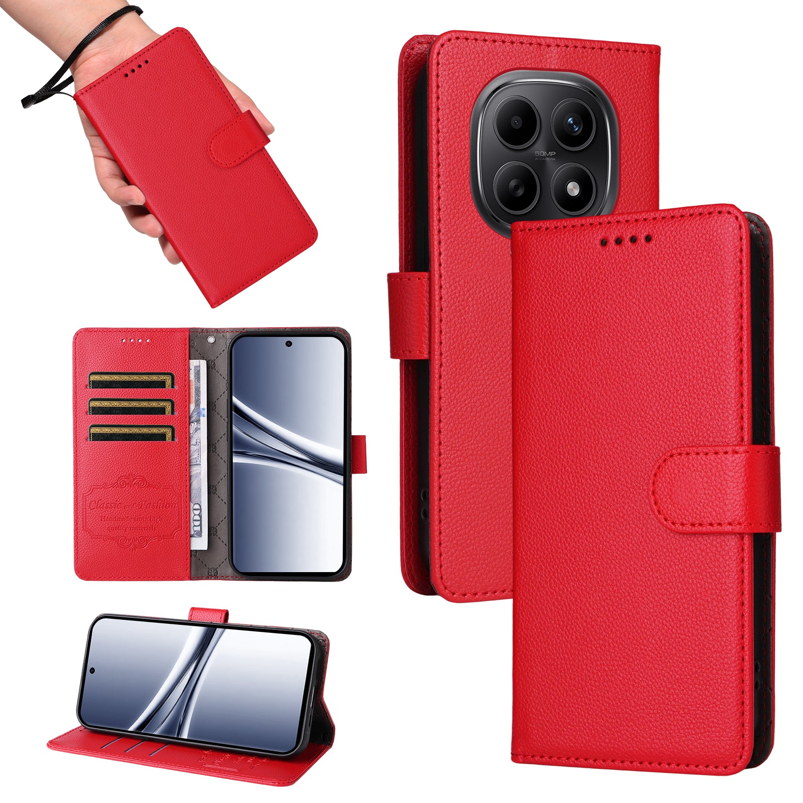 For Xiaomi Poco M8 5G / Redmi Note 15 5G (Global) Case RFID Blocking 3 Card Slots PU Leather Phone Cover with Wrist Strap - Red