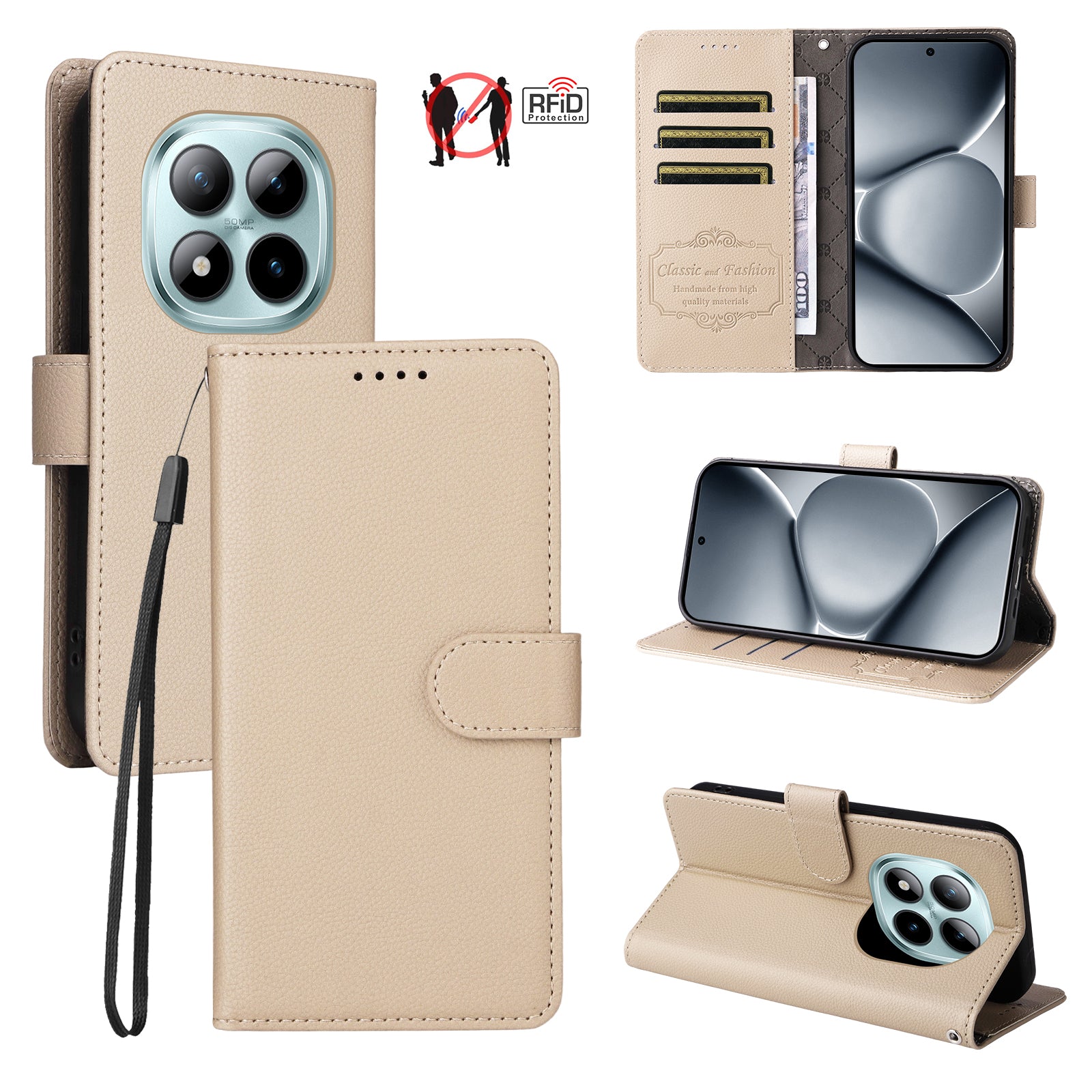 For Xiaomi Poco M8 Pro 5G / Redmi Note 15 Pro+ 5G (Global) Case RFID Blocking 3 Card Slots PU Leather Phone Cover with Wrist Strap - Creamy White