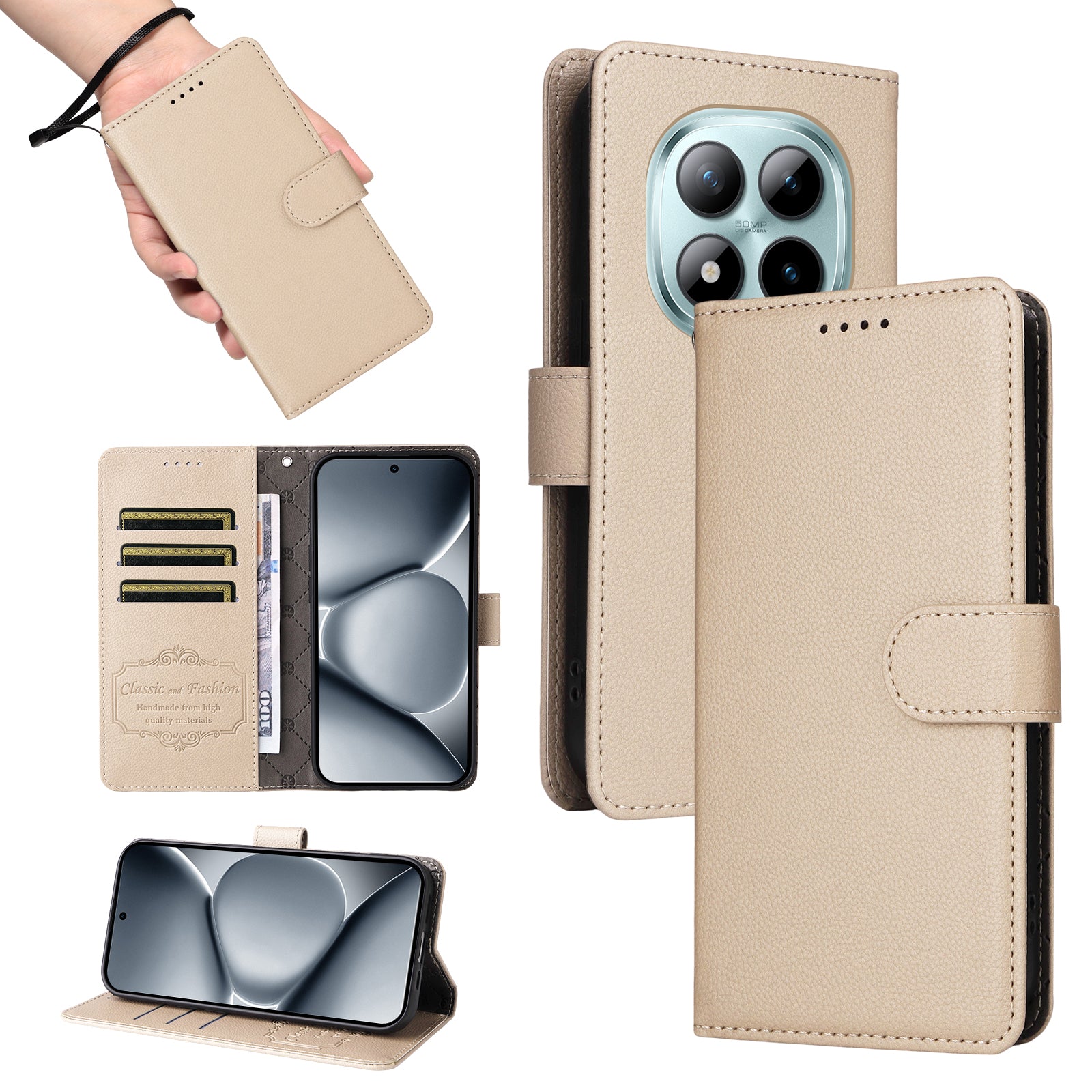 For Xiaomi Poco M8 Pro 5G / Redmi Note 15 Pro+ 5G (Global) Case RFID Blocking 3 Card Slots PU Leather Phone Cover with Wrist Strap - Creamy White