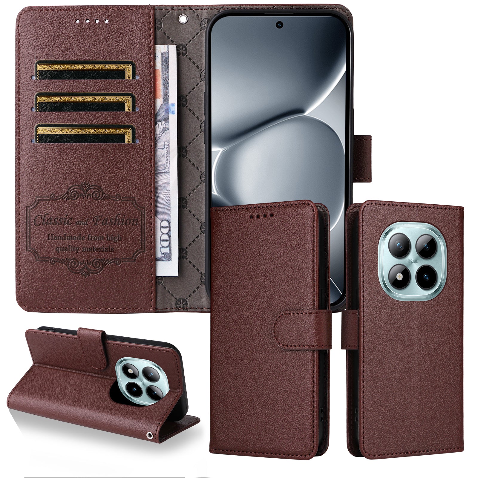 For Xiaomi Poco M8 Pro 5G / Redmi Note 15 Pro+ 5G (Global) Case RFID Blocking 3 Card Slots PU Leather Phone Cover with Wrist Strap - Brown