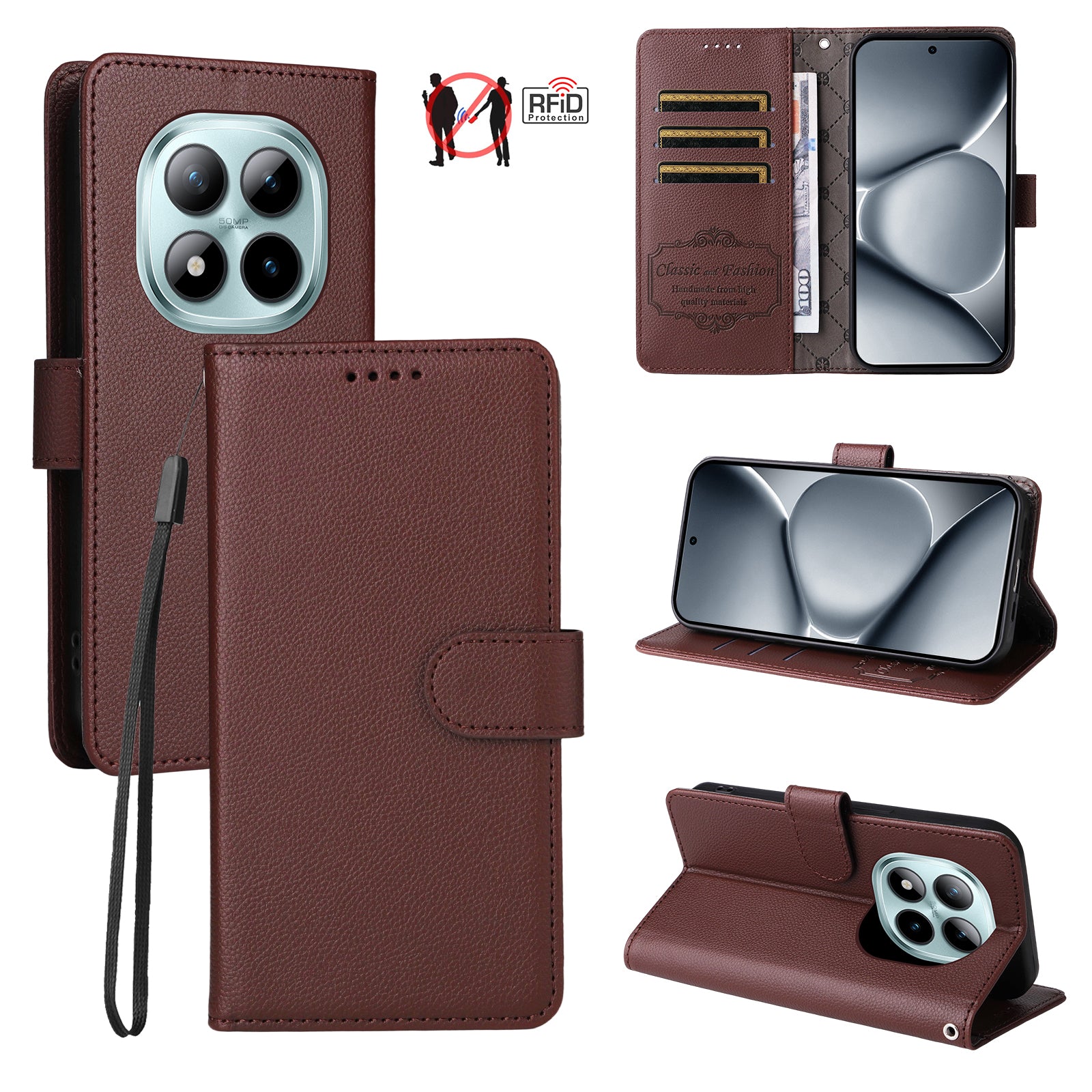 For Xiaomi Poco M8 Pro 5G / Redmi Note 15 Pro+ 5G (Global) Case RFID Blocking 3 Card Slots PU Leather Phone Cover with Wrist Strap - Brown