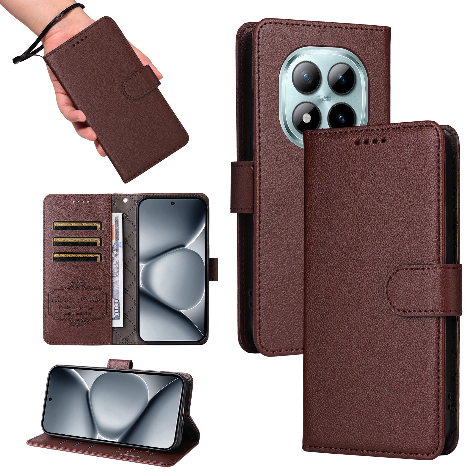 For Xiaomi Poco M8 Pro 5G / Redmi Note 15 Pro+ 5G (Global) Case RFID Blocking 3 Card Slots PU Leather Phone Cover with Wrist Strap - Brown