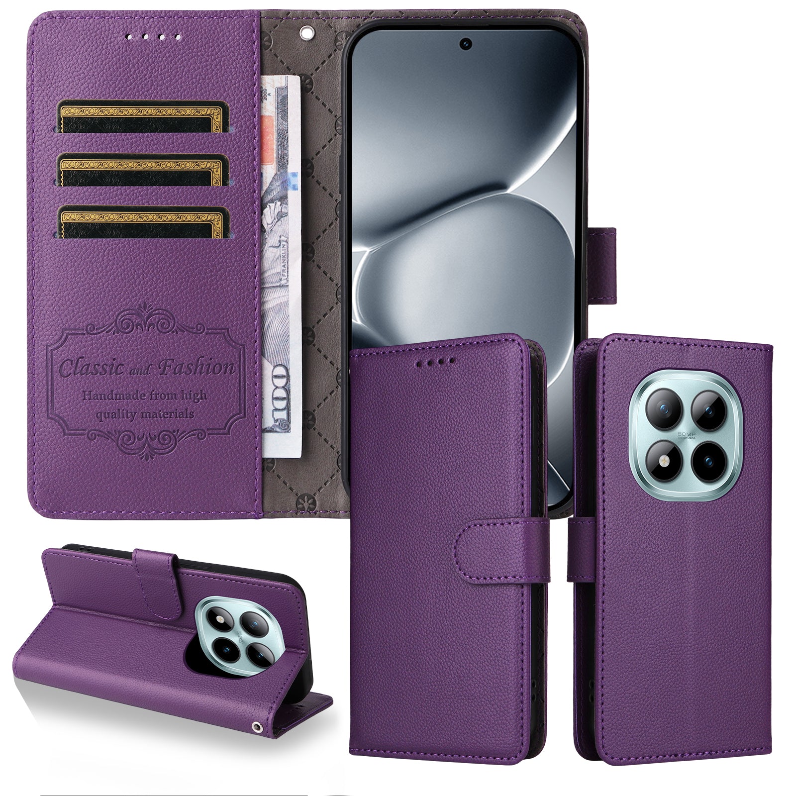 For Xiaomi Poco M8 Pro 5G / Redmi Note 15 Pro+ 5G (Global) Case RFID Blocking 3 Card Slots PU Leather Phone Cover with Wrist Strap - Purple