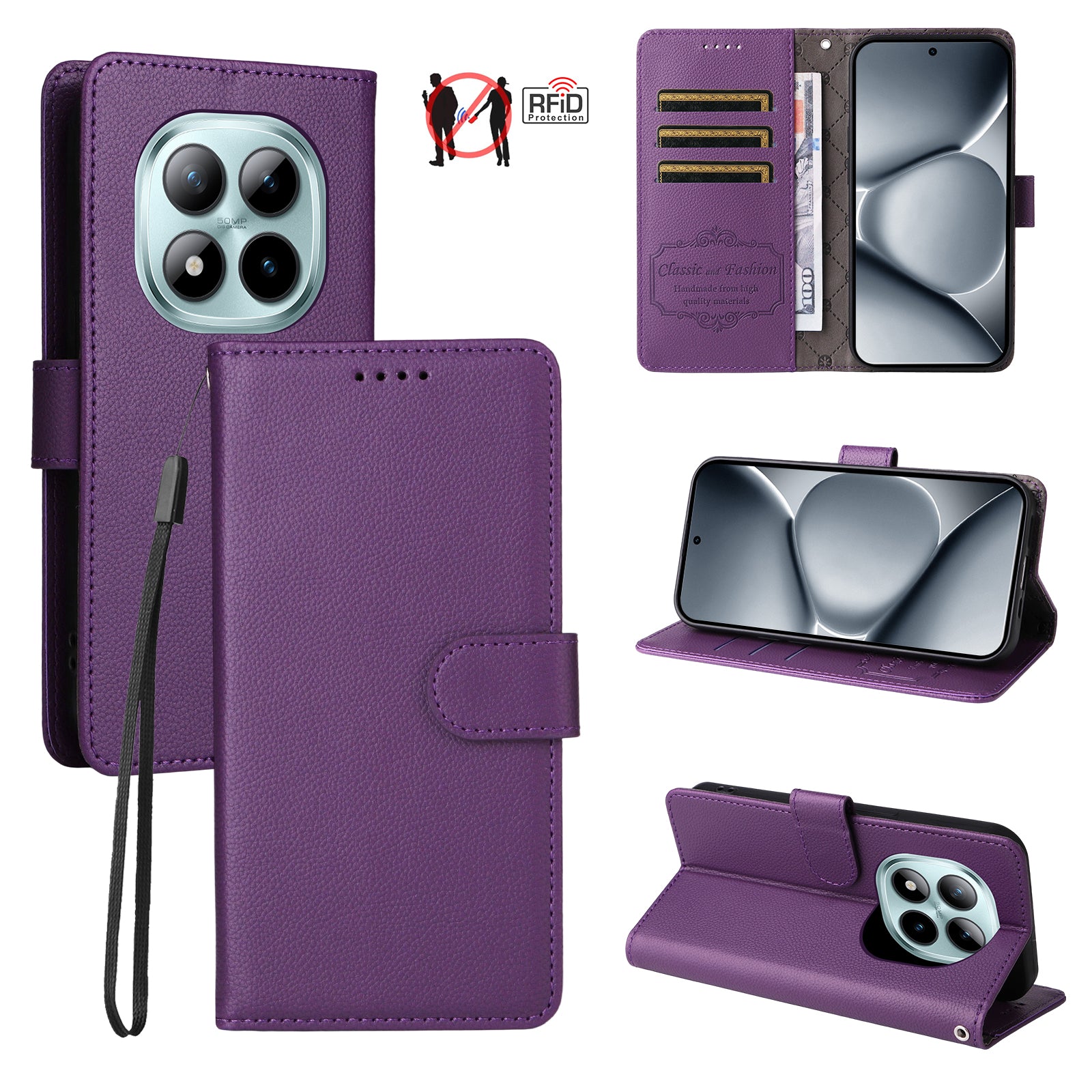 For Xiaomi Poco M8 Pro 5G / Redmi Note 15 Pro+ 5G (Global) Case RFID Blocking 3 Card Slots PU Leather Phone Cover with Wrist Strap - Purple
