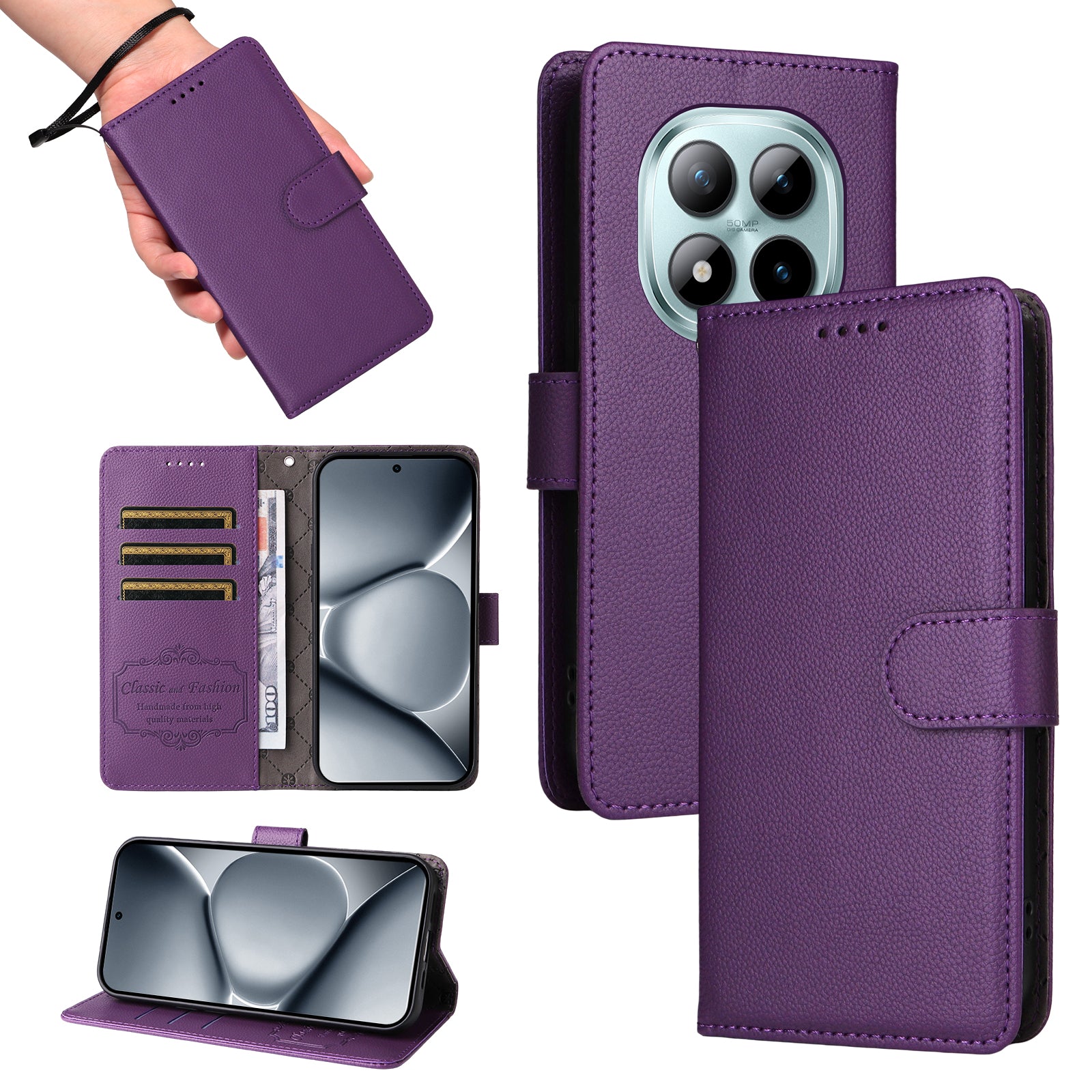 For Xiaomi Poco M8 Pro 5G / Redmi Note 15 Pro+ 5G (Global) Case RFID Blocking 3 Card Slots PU Leather Phone Cover with Wrist Strap - Purple