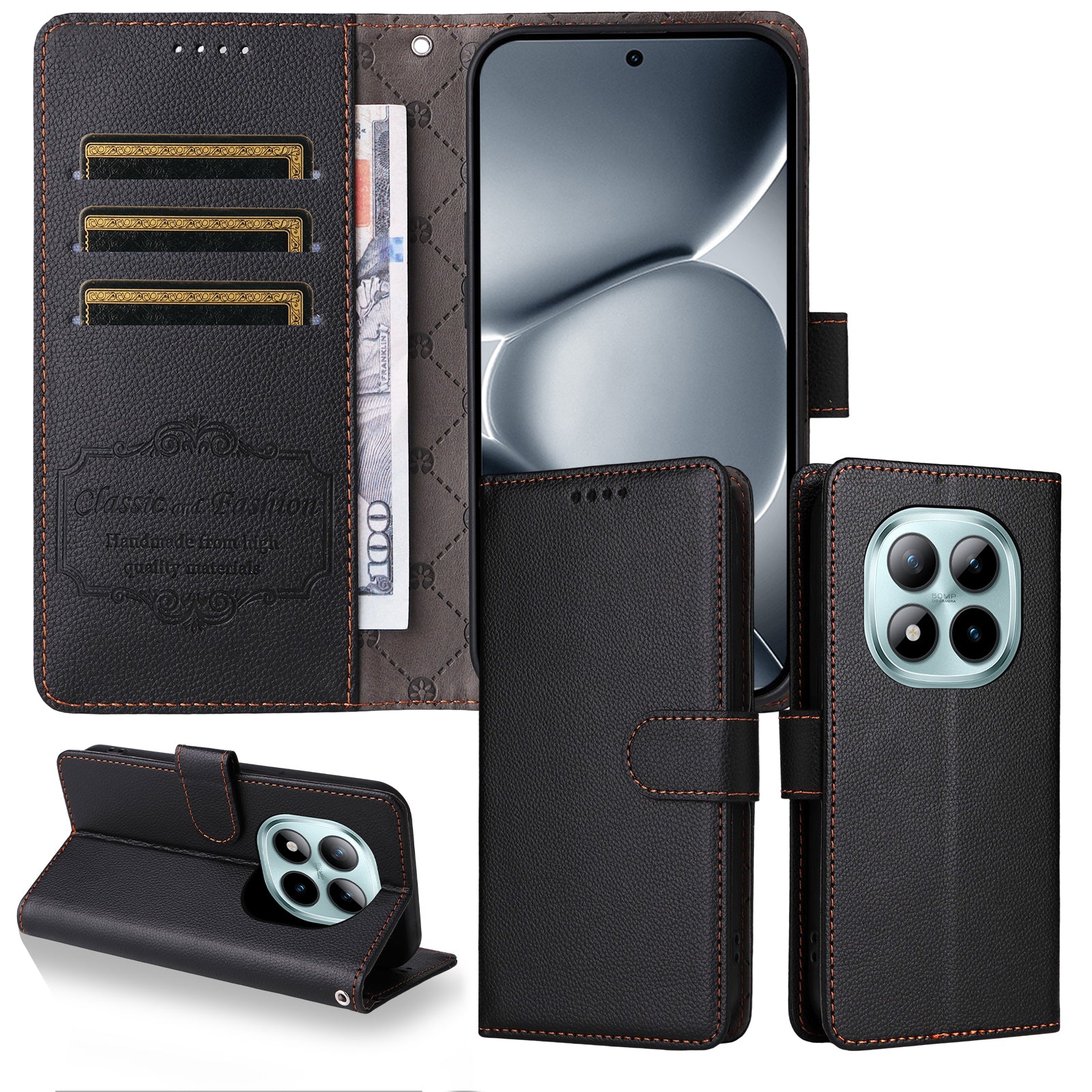 For Xiaomi Poco M8 Pro 5G / Redmi Note 15 Pro+ 5G (Global) Case RFID Blocking 3 Card Slots PU Leather Phone Cover with Wrist Strap - Black