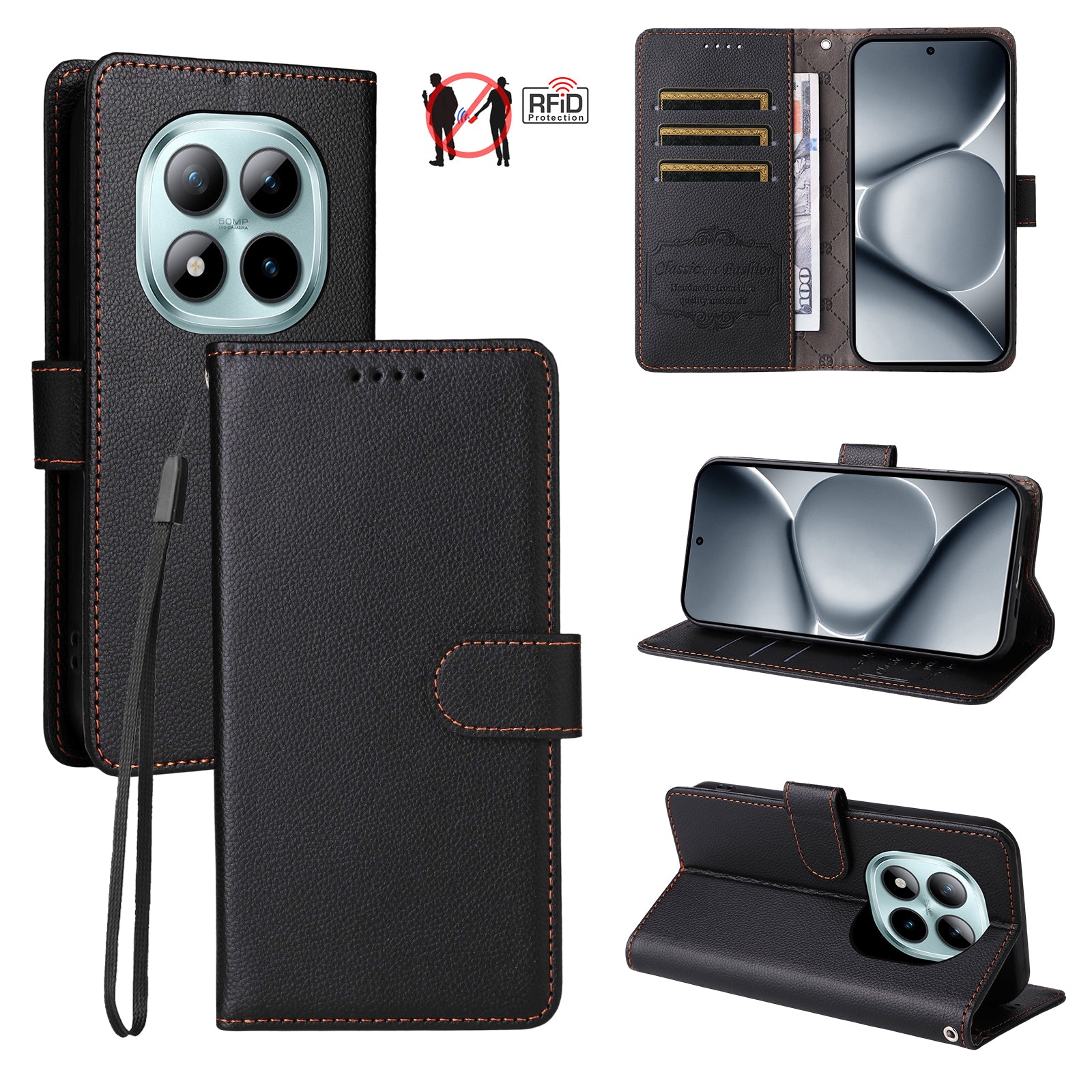 For Xiaomi Poco M8 Pro 5G / Redmi Note 15 Pro+ 5G (Global) Case RFID Blocking 3 Card Slots PU Leather Phone Cover with Wrist Strap - Black